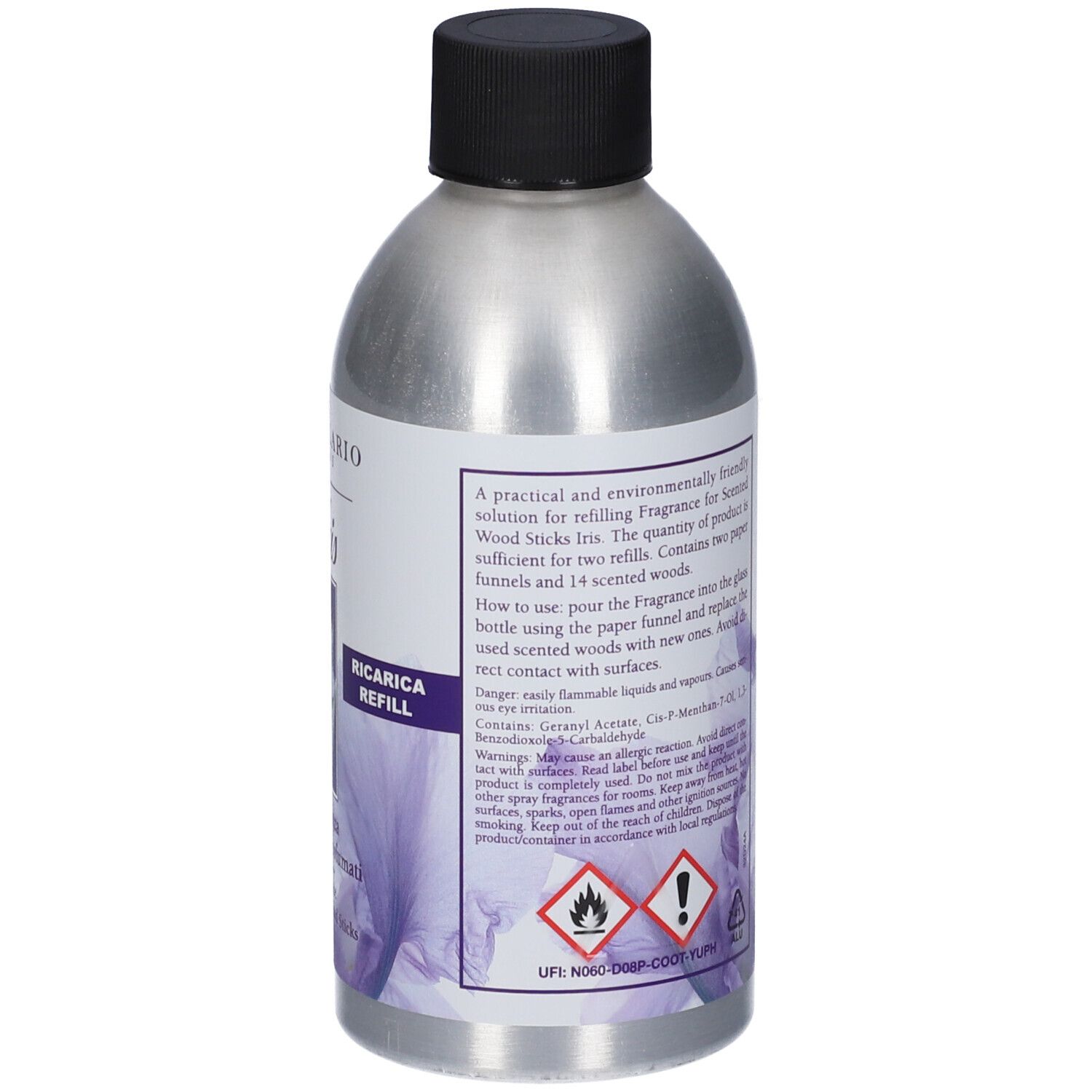 Flacone argento, tappo nero. Etichetta con testo: Ricarica Refill, Fragranza per Legni Profumati, e avvertenze.