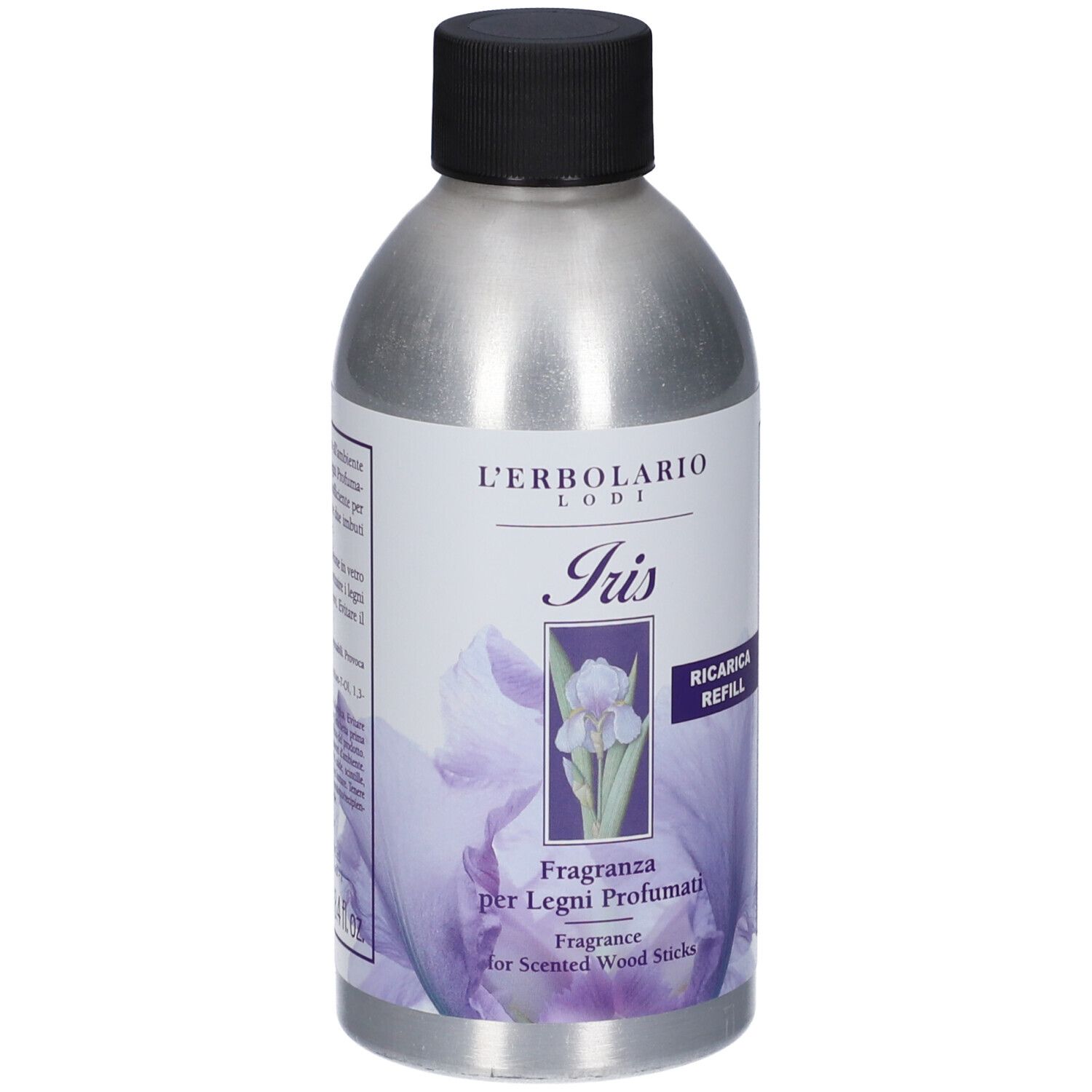 Flacone argento, tappo nero. Etichetta con motivo iris e testo: Ricarica Refill, Fragranza per Legni Profumati.