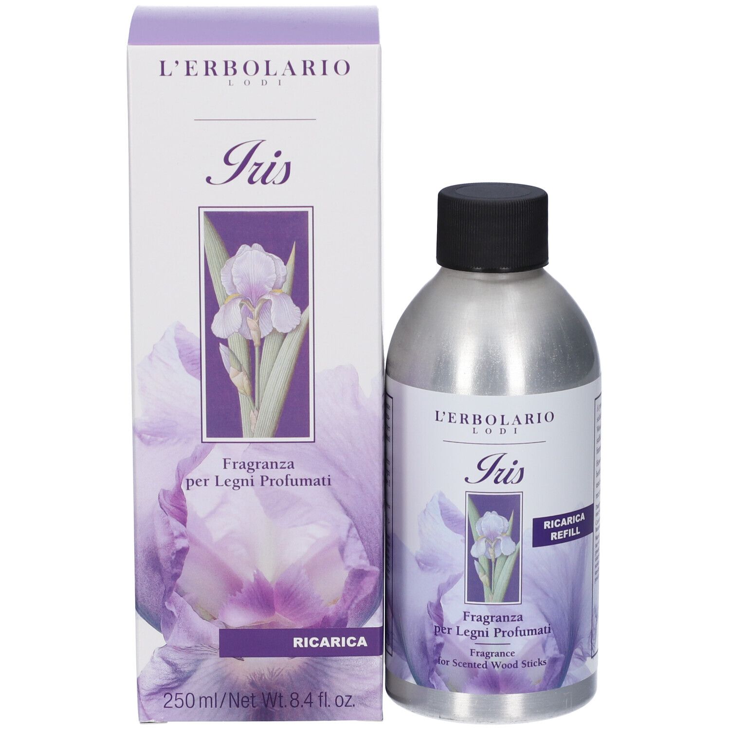 Confezione e flacone. Confezione con motivo iris e testo. Flacone con tappo nero.