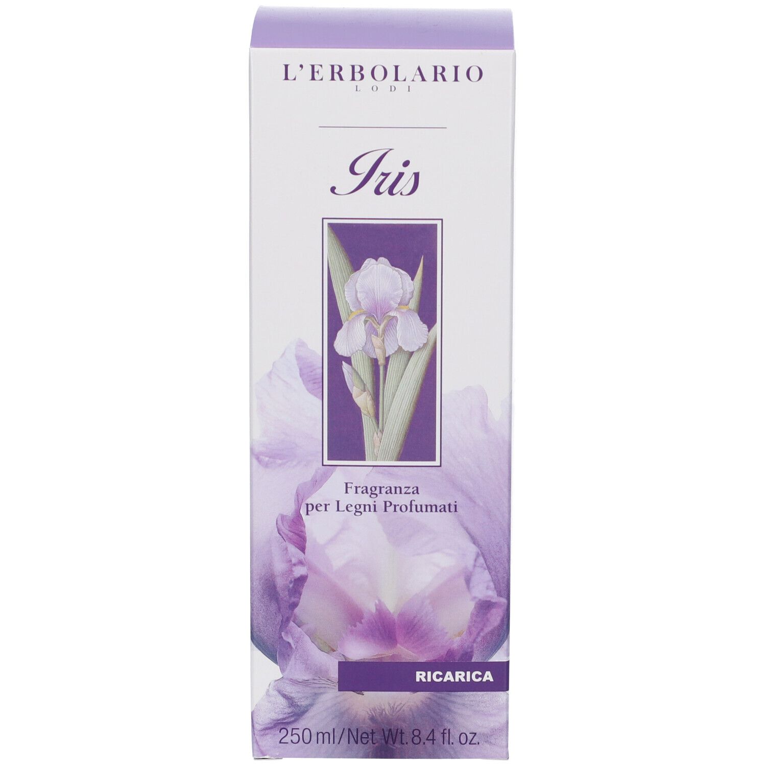 Confezione con motivo iris e testo: Ricarica, Fragranza per Legni Profumati. 250ml/8.4 fl oz.