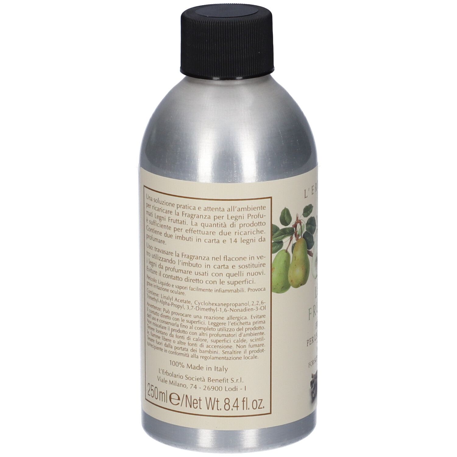 Retro del flacone. Testo in italiano. Contiene informazioni sul prodotto e sugli ingredienti.