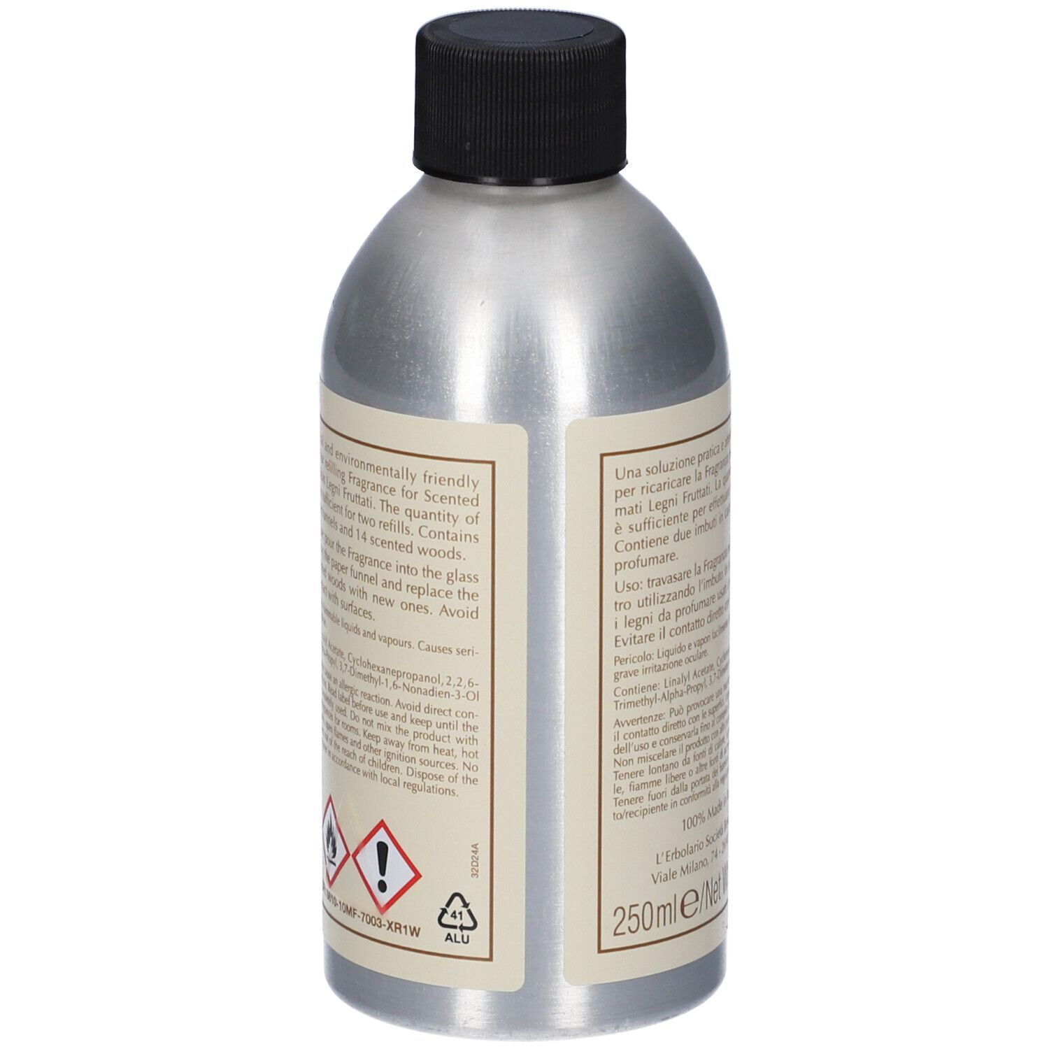 Retro del flacone. Testo in italiano. Simboli di pericolo e avvertenze.