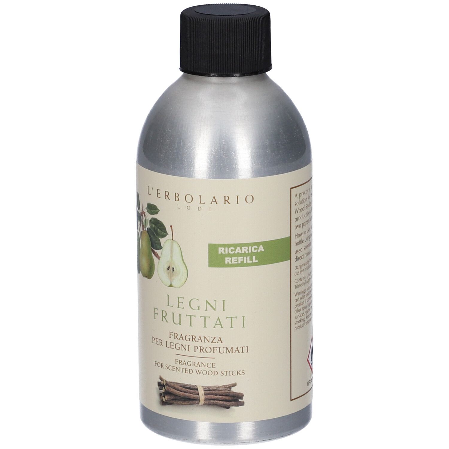 Flacone con etichetta. Testo: L'Erbolario, Legni Fruttati, Ricarica, Fragranza. Illustrazione di pere.