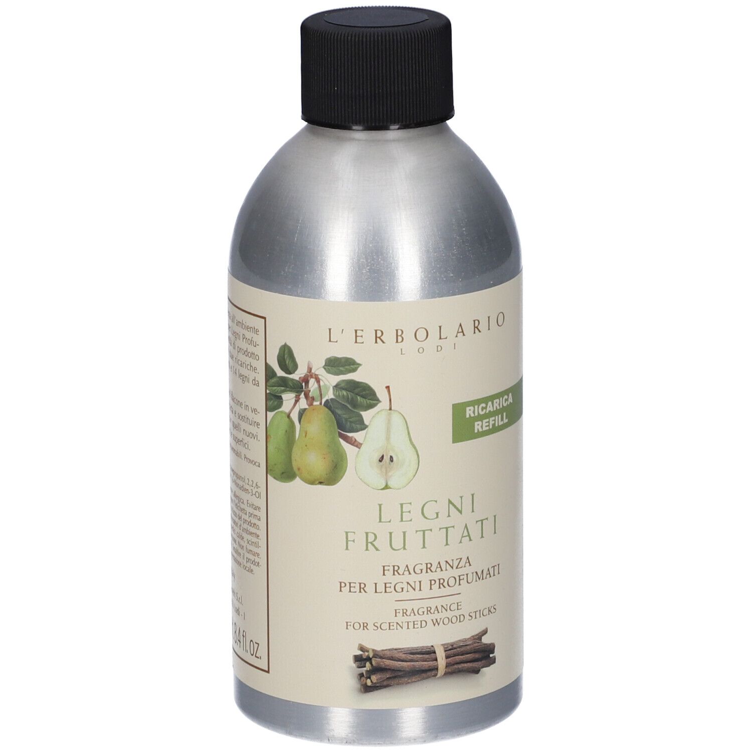 Flacone con etichetta. Testo: L'Erbolario, Legni Fruttati, Ricarica, Fragranza. Illustrazione di pere.