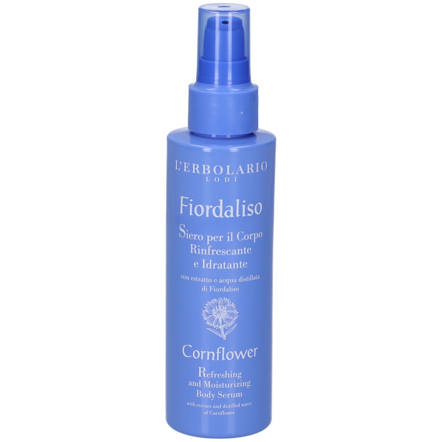 Flacone blu con vaporizzatore. Scritta: L'Erbolario, Fiordaliso, siero corpo. Testo inglese: Cornflower, Body Serum.