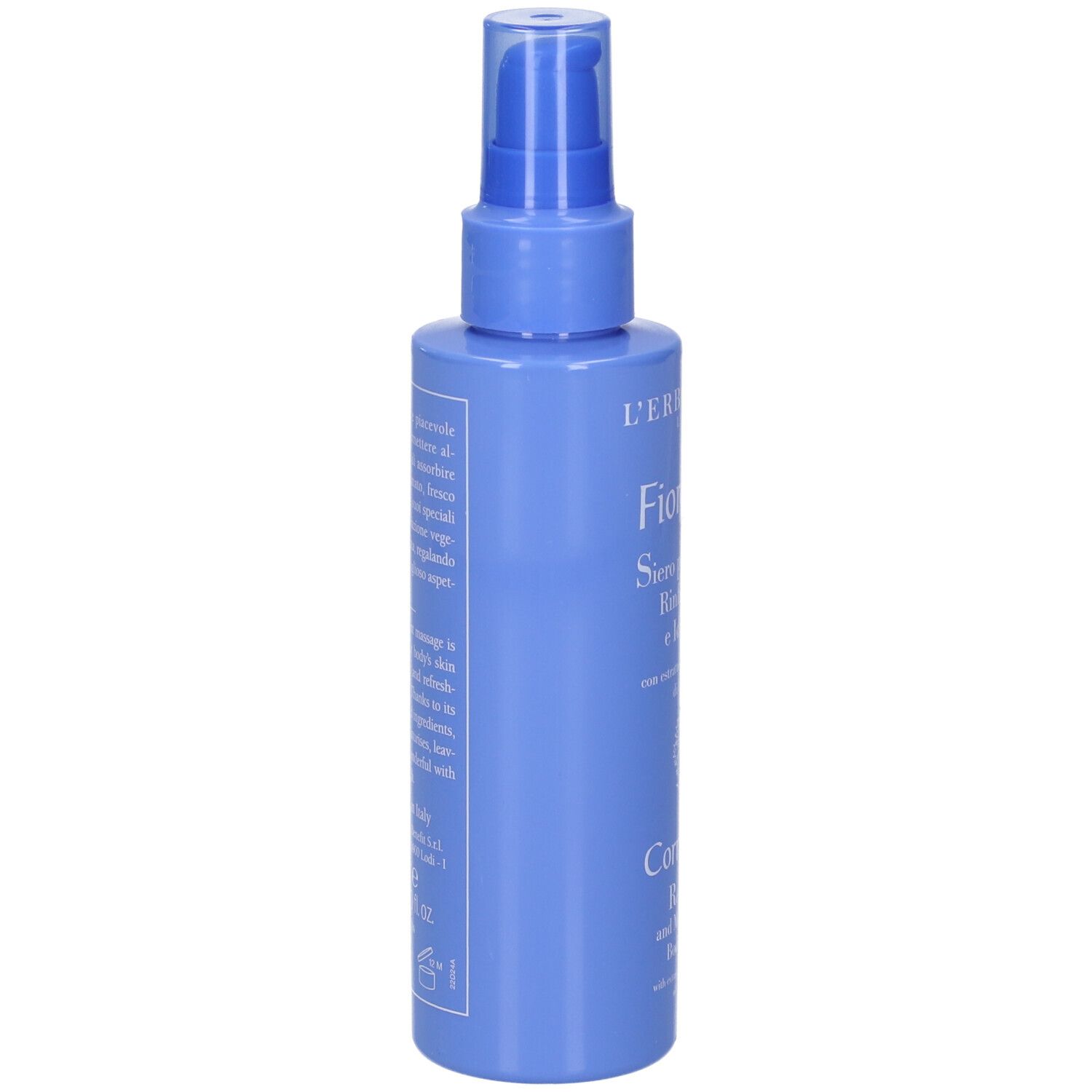 Flacone blu con vaporizzatore, vista laterale. Scritta: L'Erbolario, Fiordaliso. Testo.