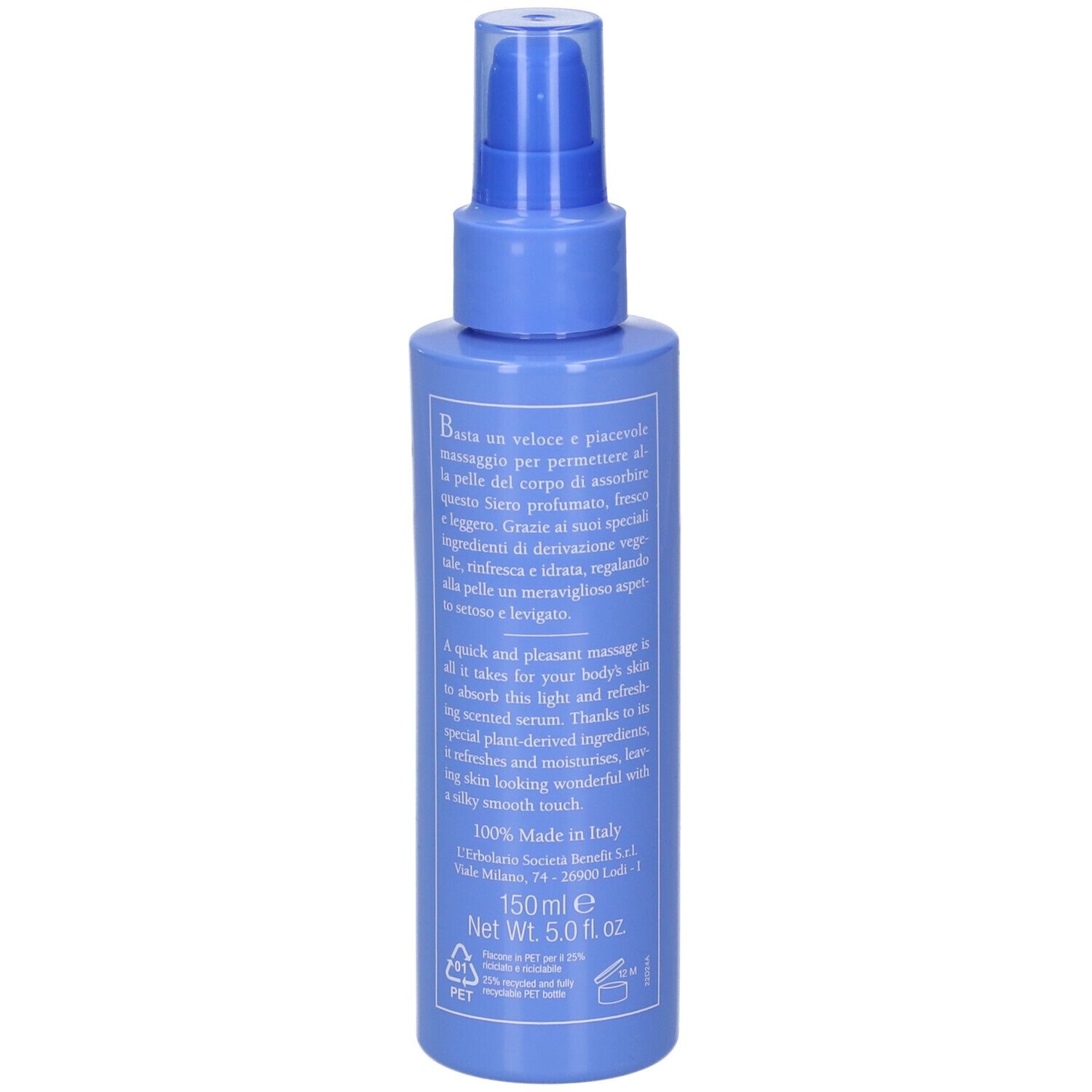 Flacone blu con vaporizzatore, vista posteriore con testo. Scritta: 150 ml, Made in Italy.