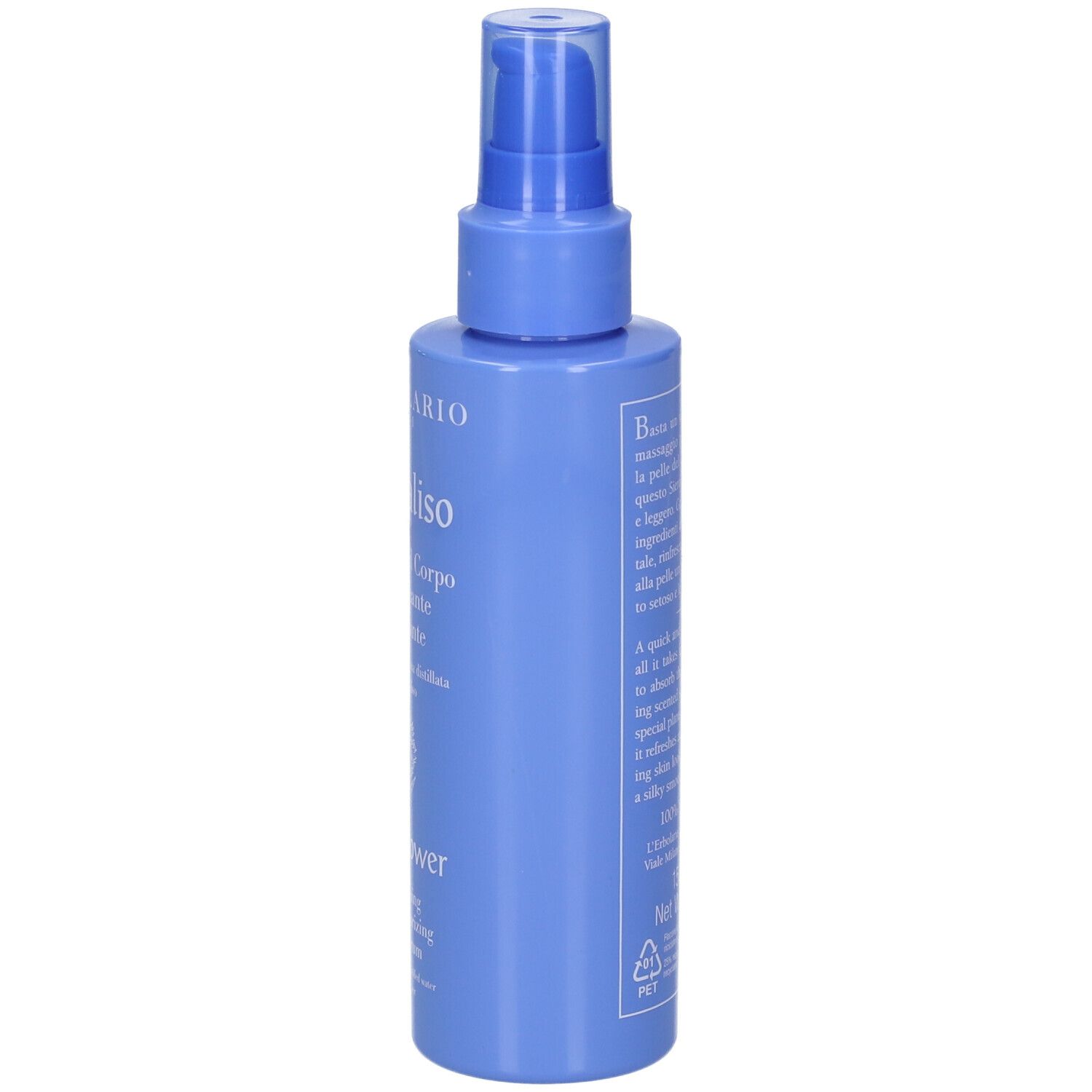 Flacone blu con vaporizzatore, vista laterale con testo. Scritta: L'Erbolario, Fiordaliso.