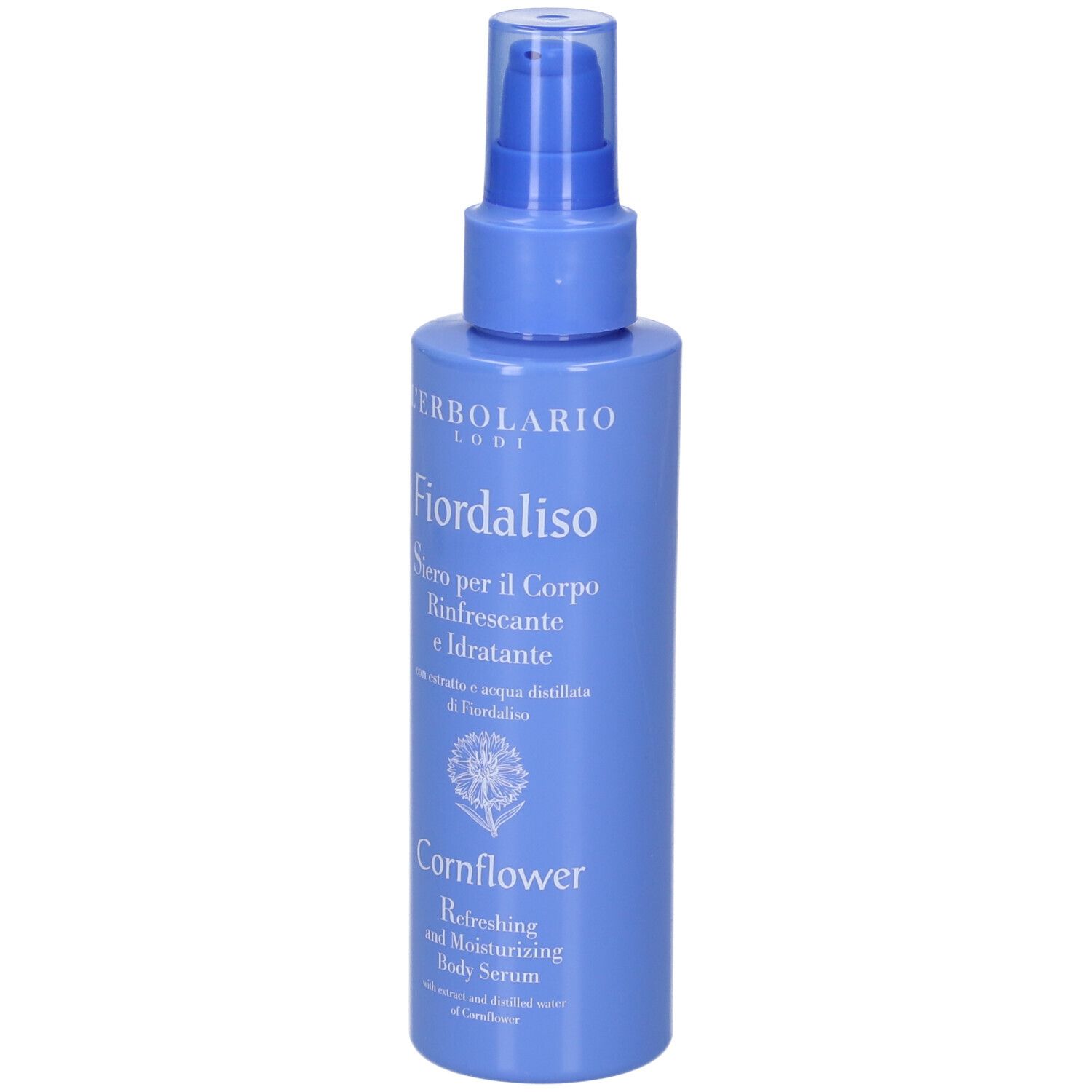 Flacone blu con vaporizzatore. Scritta: L'Erbolario, Fiordaliso, siero corpo. Testo inglese: Cornflower, Body Serum.