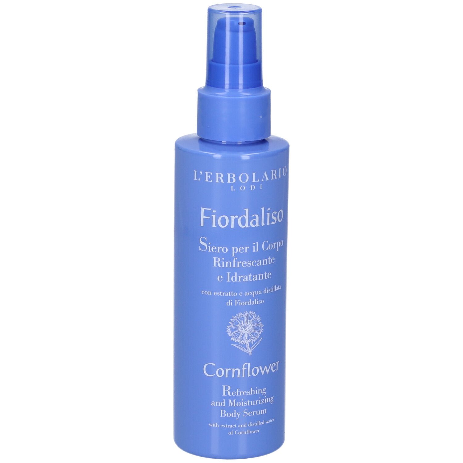 Flacone blu con vaporizzatore. Scritta: L'Erbolario, Fiordaliso, siero corpo. Testo inglese: Cornflower, Body Serum.