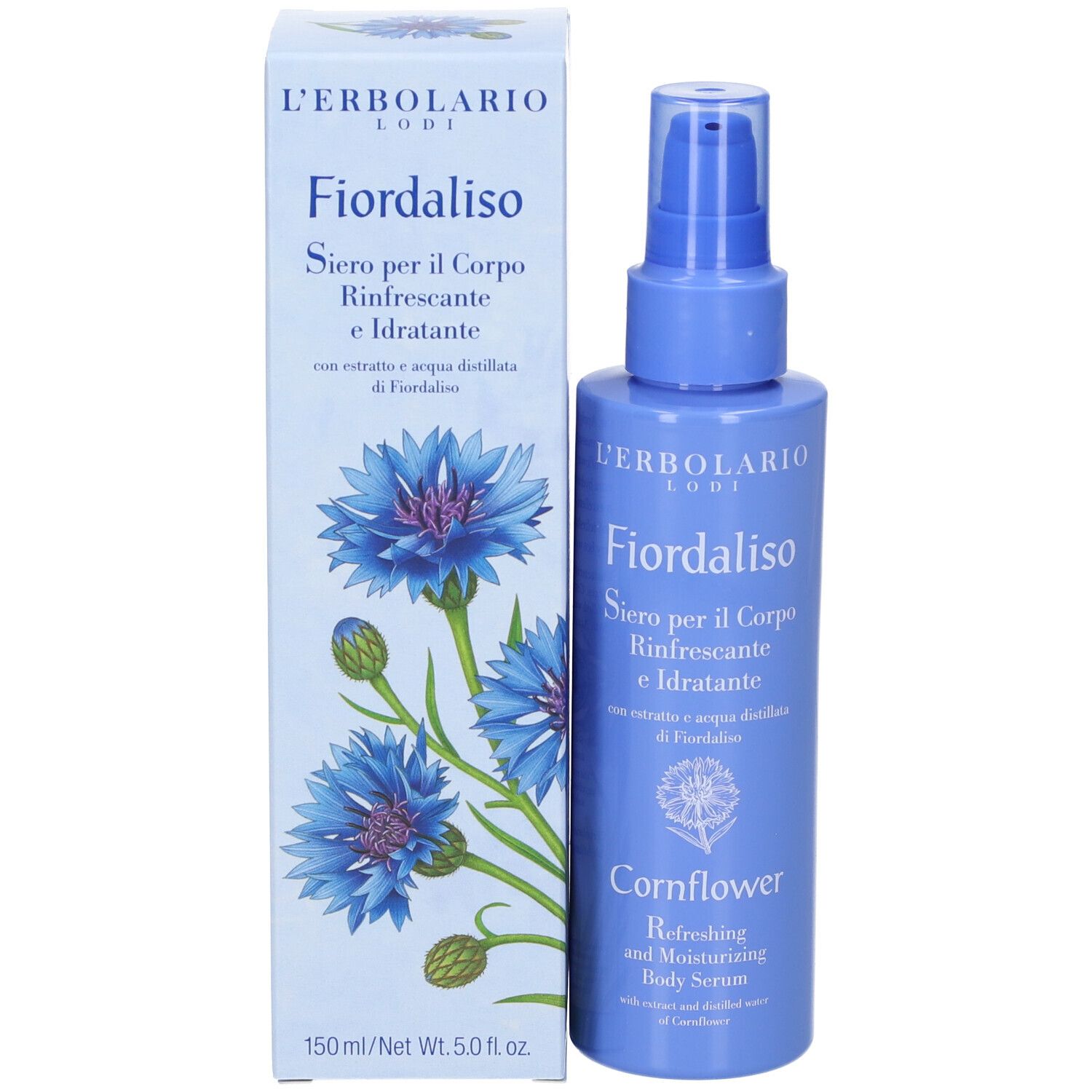 Flacone blu con vaporizzatore e confezione. Scritta: L'Erbolario, Fiordaliso, siero corpo. 150 ml.