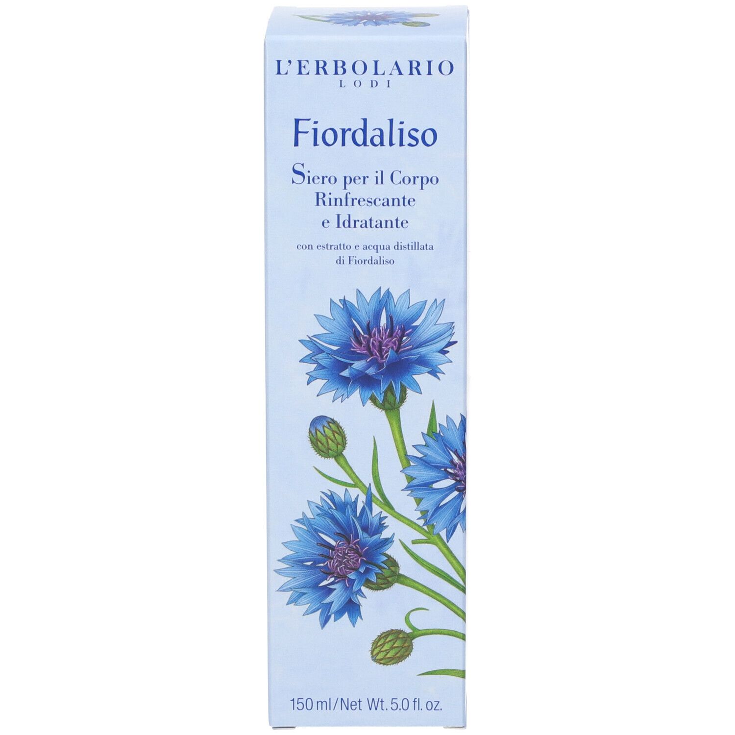 Confezione con fiori blu. Scritta: L'Erbolario, Fiordaliso, siero corpo. 150 ml.