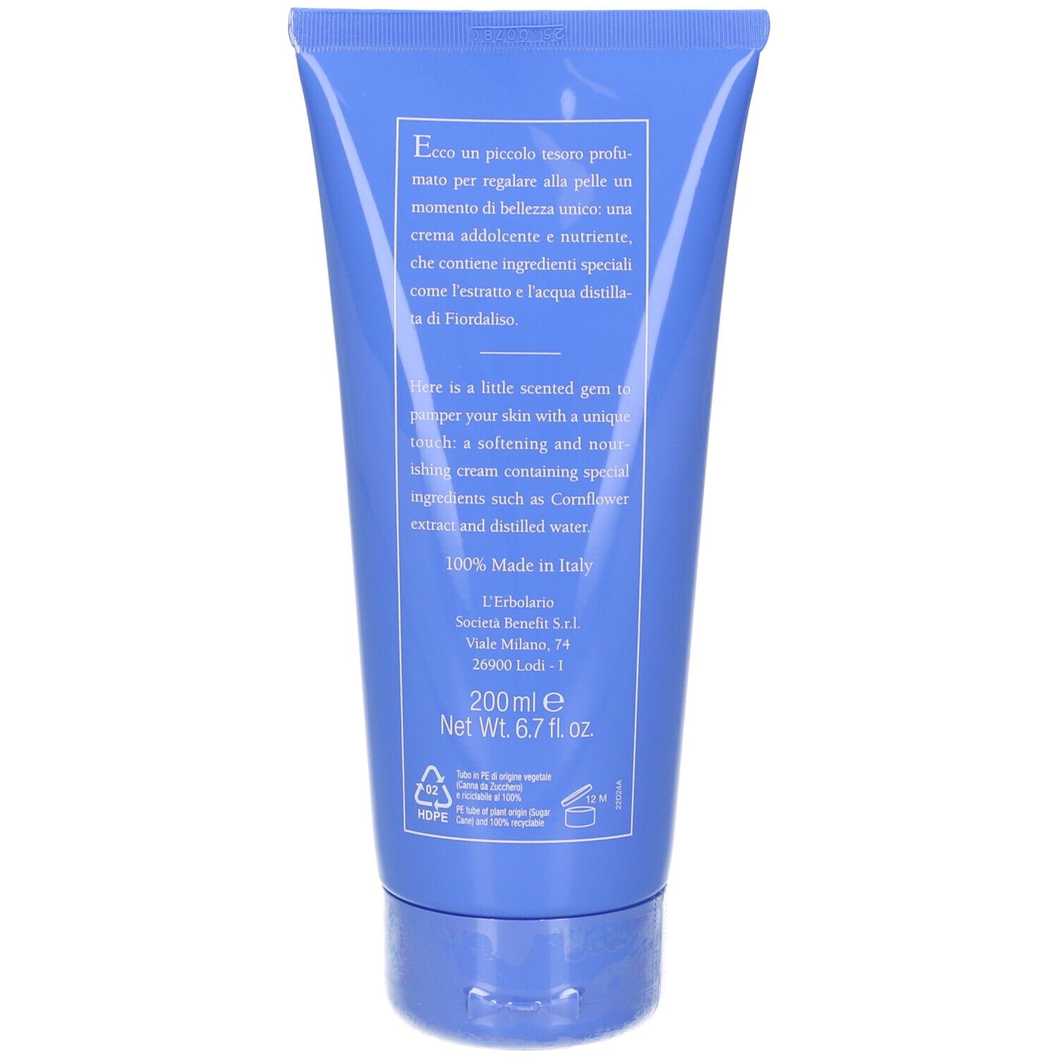 Retro del tubo blu. Testo in italiano e inglese. Contiene informazioni sul prodotto.