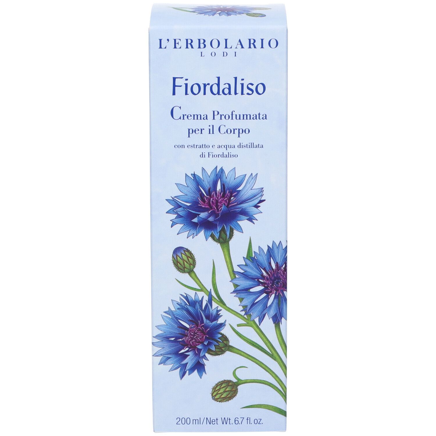 Confezione con 'Fiordaliso' e illustrazione di fiordalisi. Testo: 'Crema Profumata per il Corpo'.