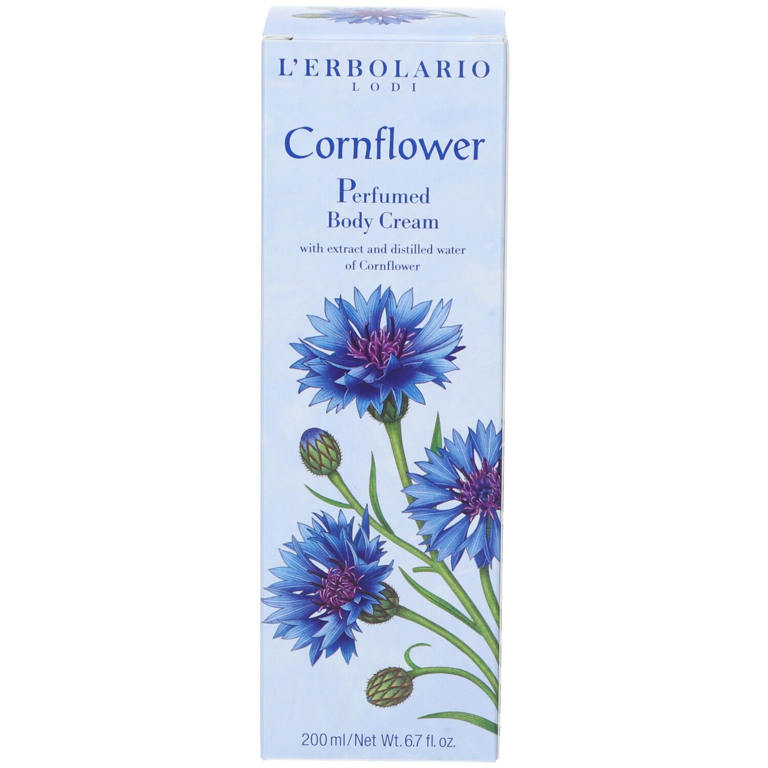 Fronte della confezione. Contiene 'Cornflower Perfumed Body Cream' e illustrazione di fiordalisi.