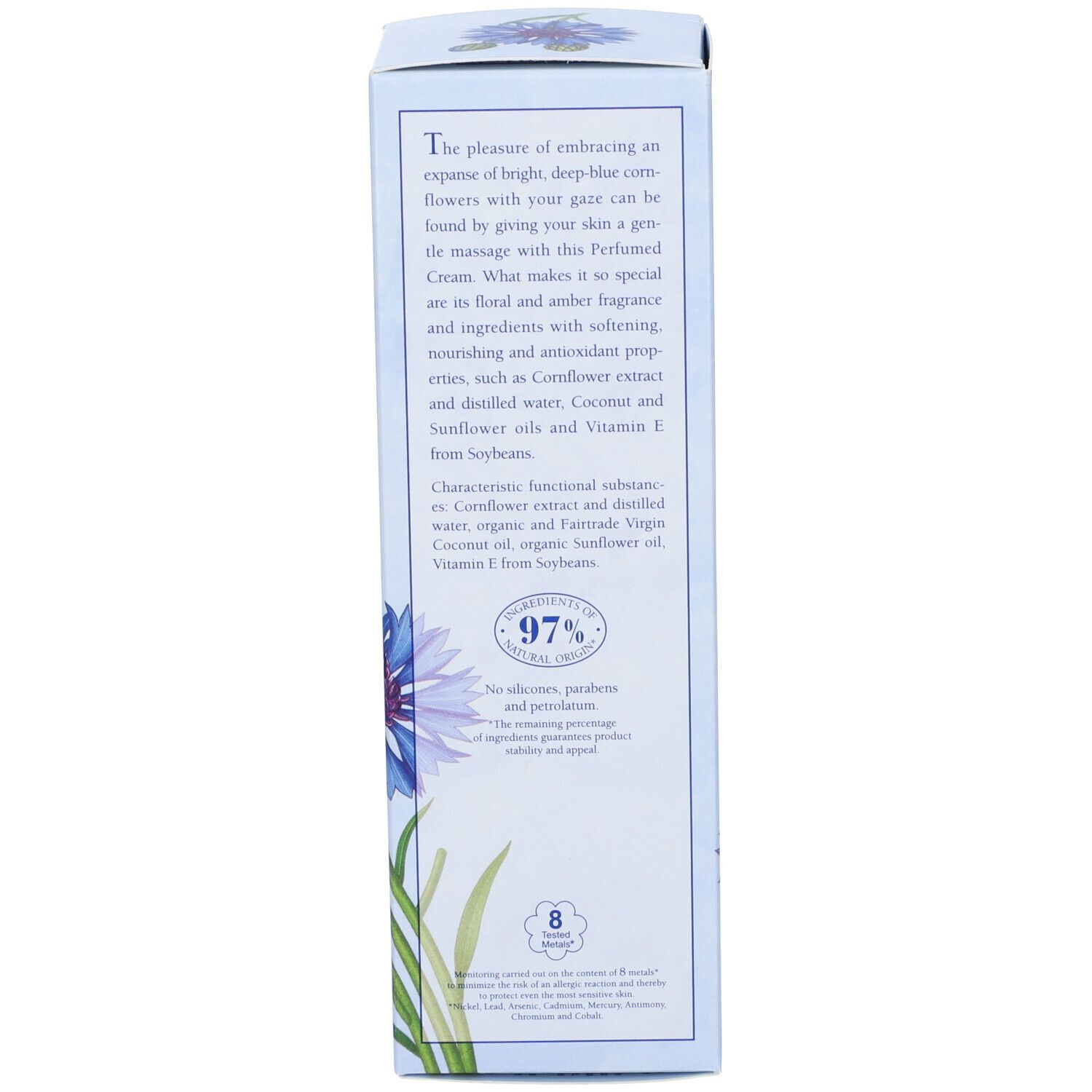 Retro della confezione. Testo in inglese. Contiene informazioni sul prodotto e sugli ingredienti.