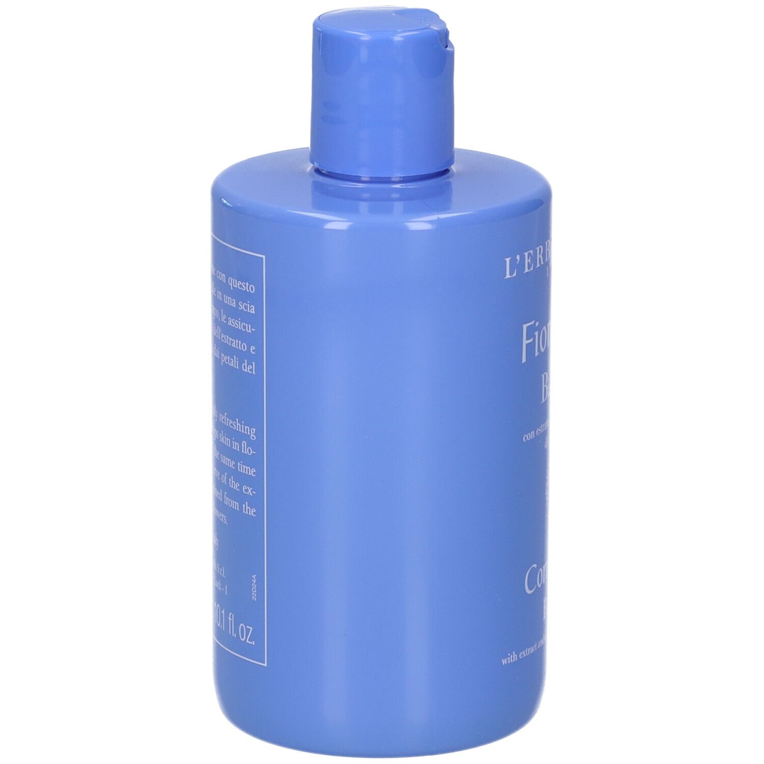 Flacone blu, vista laterale. Testo in italiano. Marchio L'Erbolario.