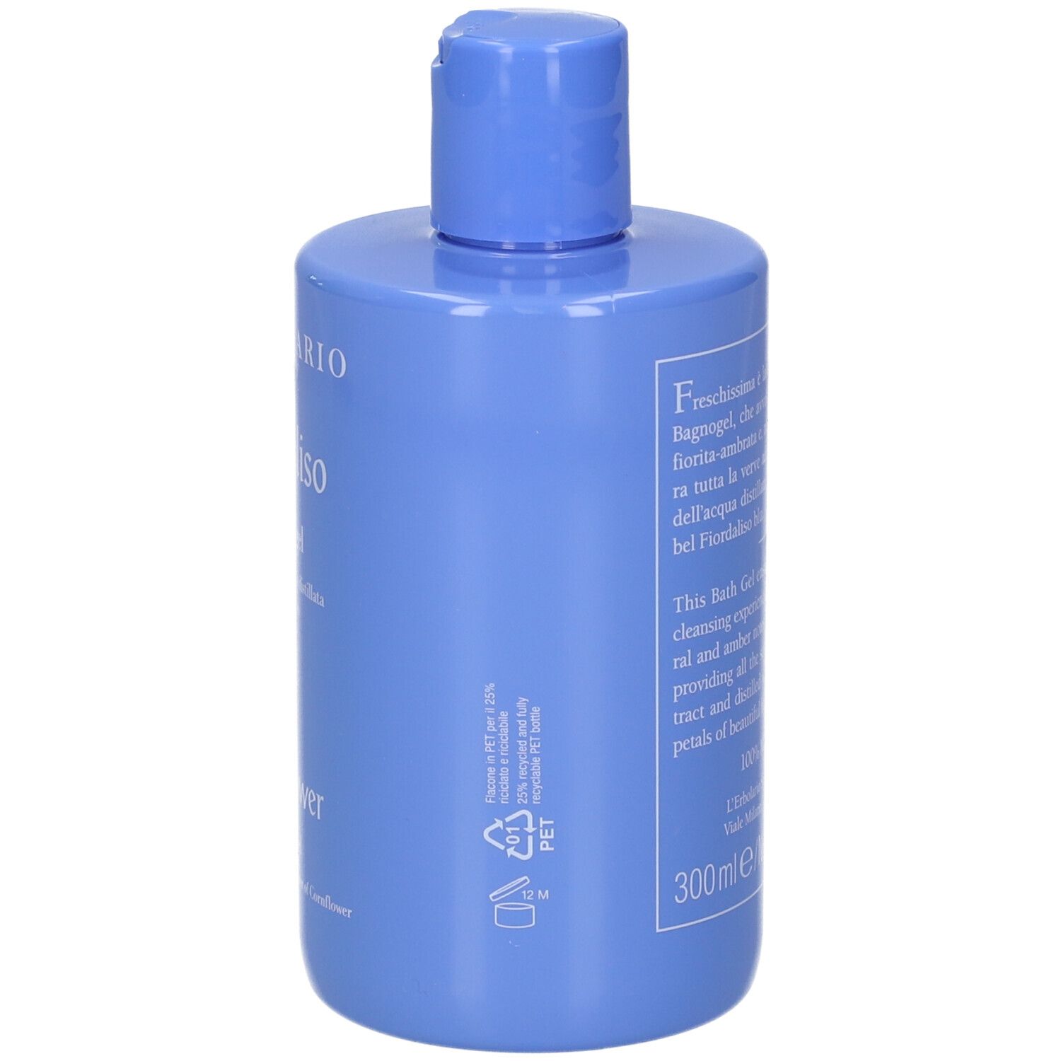 Flacone blu, retro. Testo in italiano e inglese. Marchio L'Erbolario.