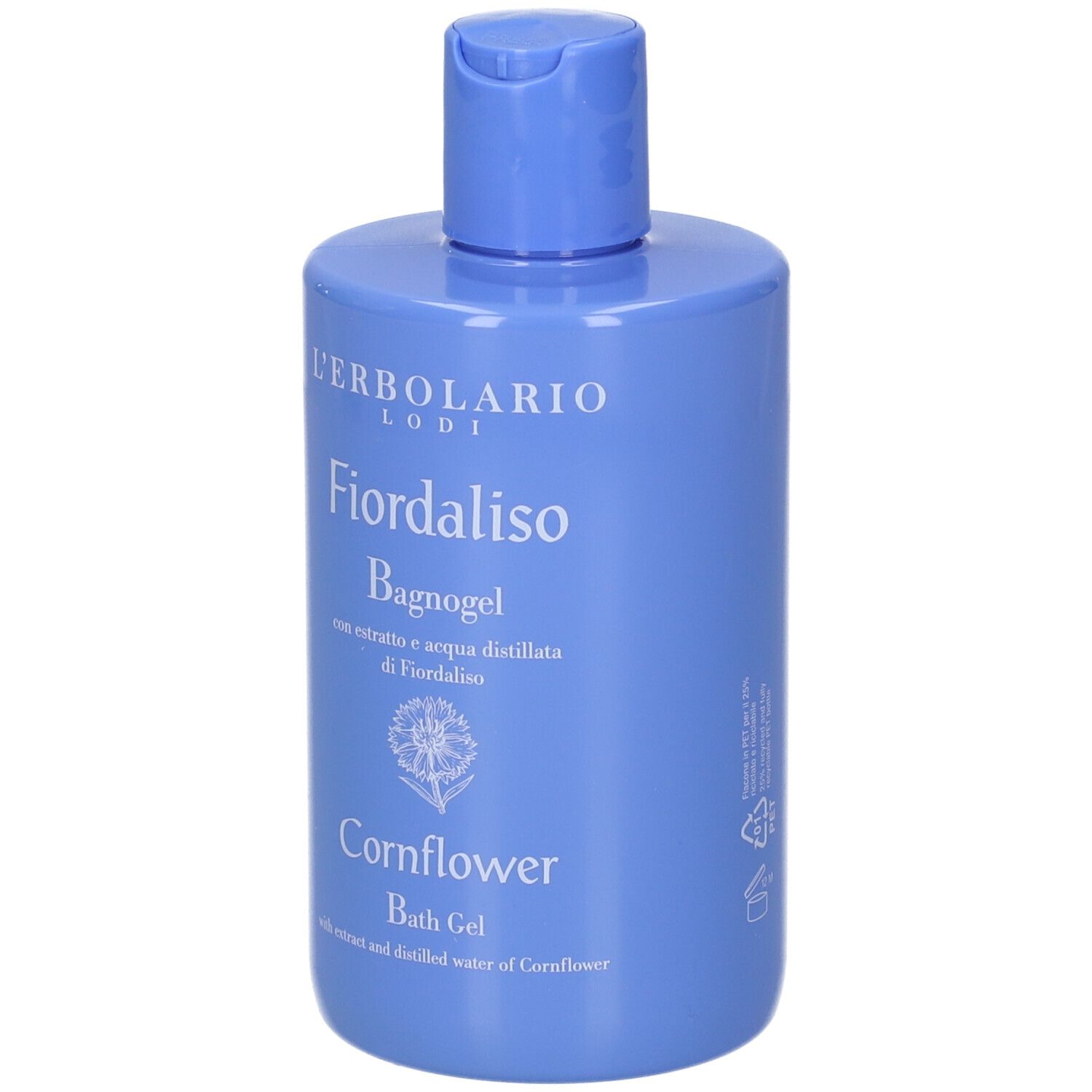 Flacone blu con tappo a ribalta. Scritta: Fiordaliso Bagnogel, Cornflower Bath Gel.
