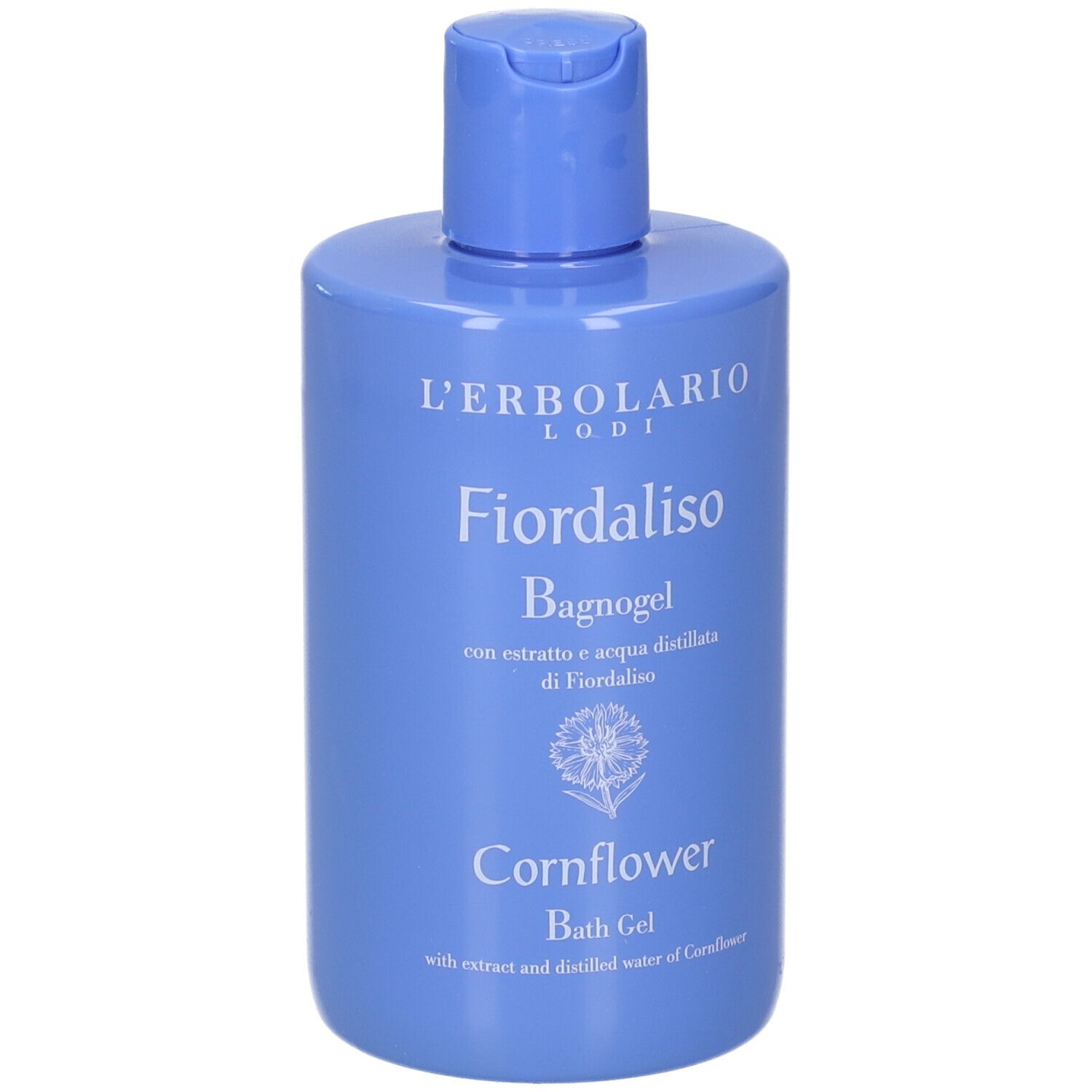 Flacone blu con tappo a ribalta. Scritta: Fiordaliso Bagnogel, Cornflower Bath Gel.