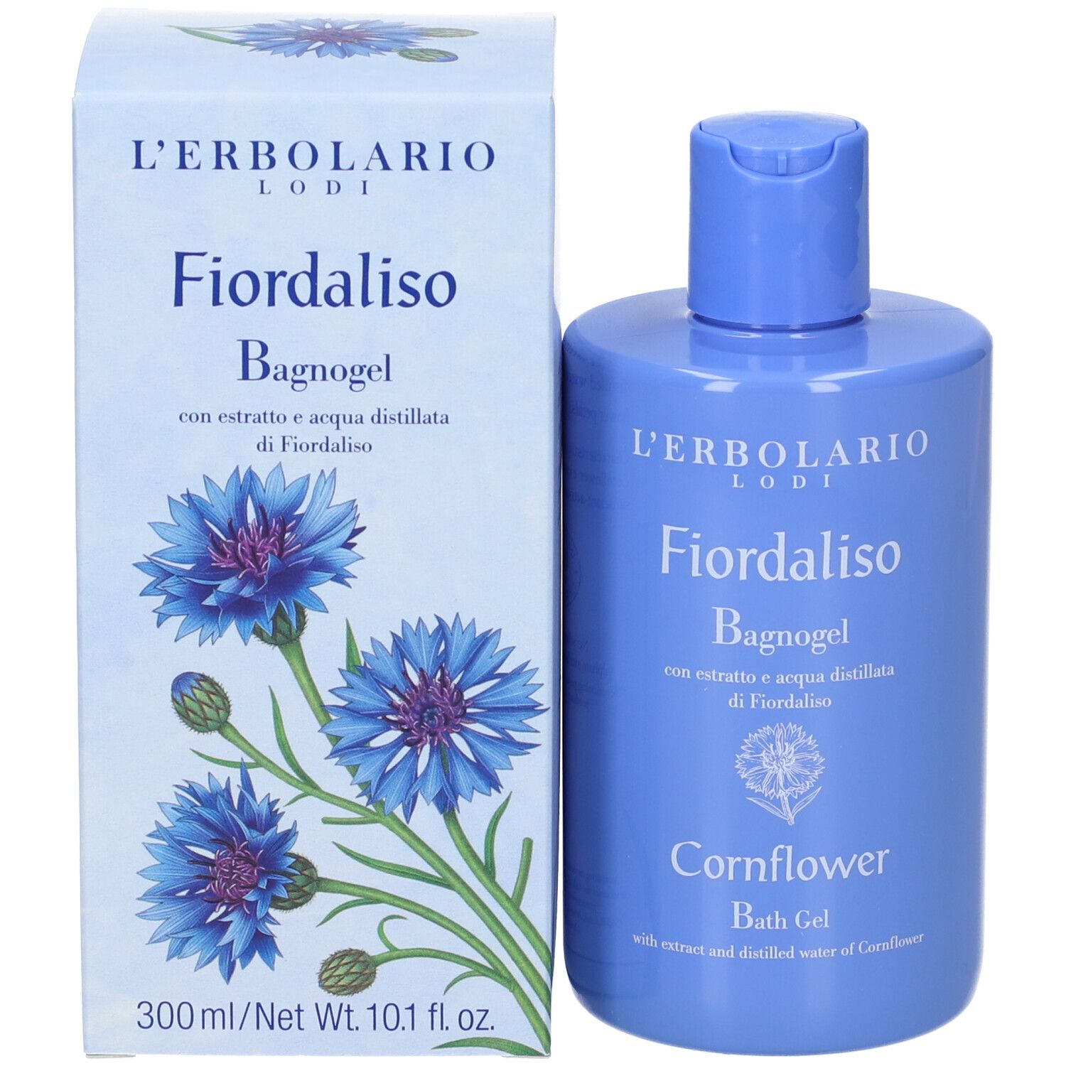 Prodotto e confezione. Flacone blu e scatola con motivo fiordaliso.