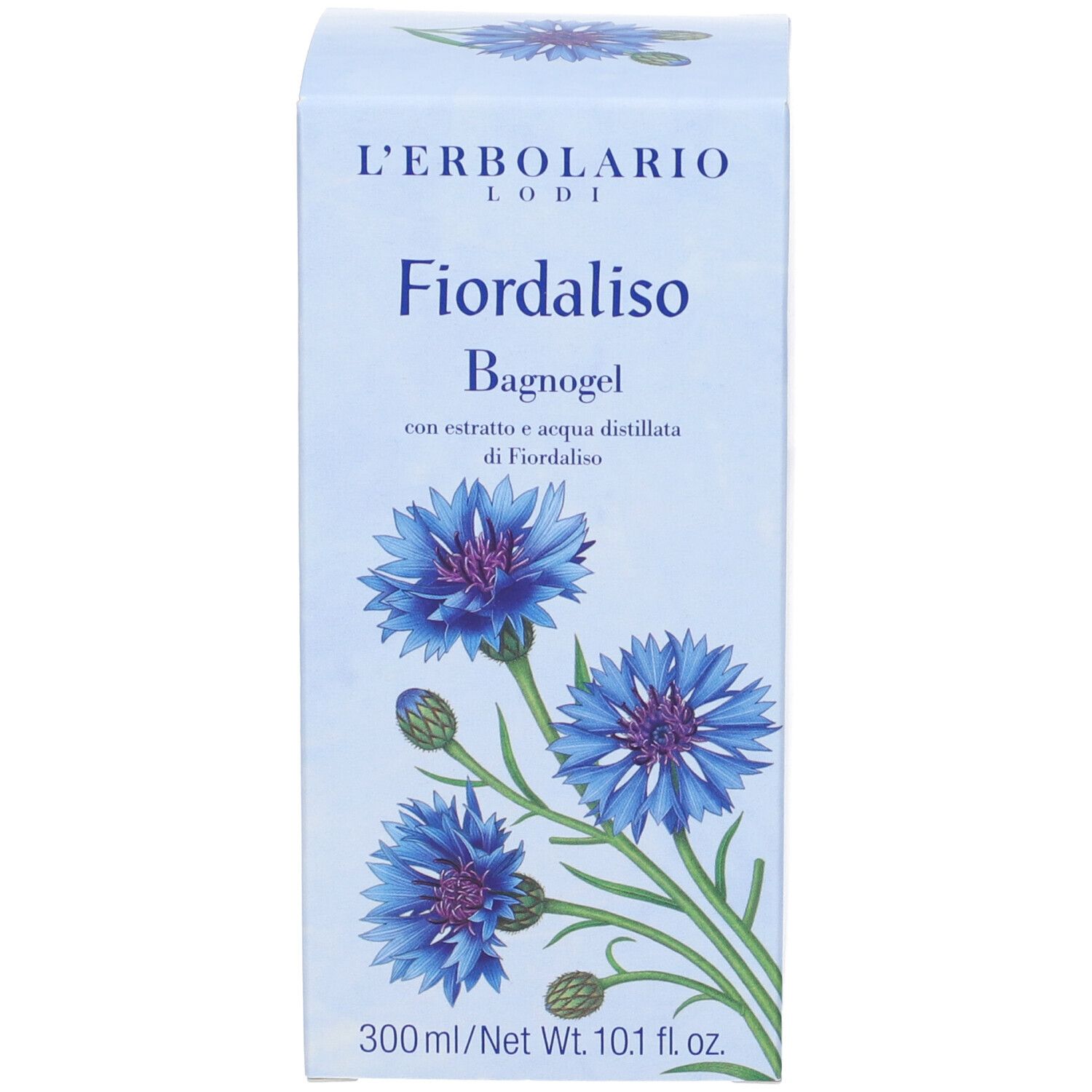 Confezione. Scatola con motivo fiordaliso. Scritta: Fiordaliso Bagnogel.