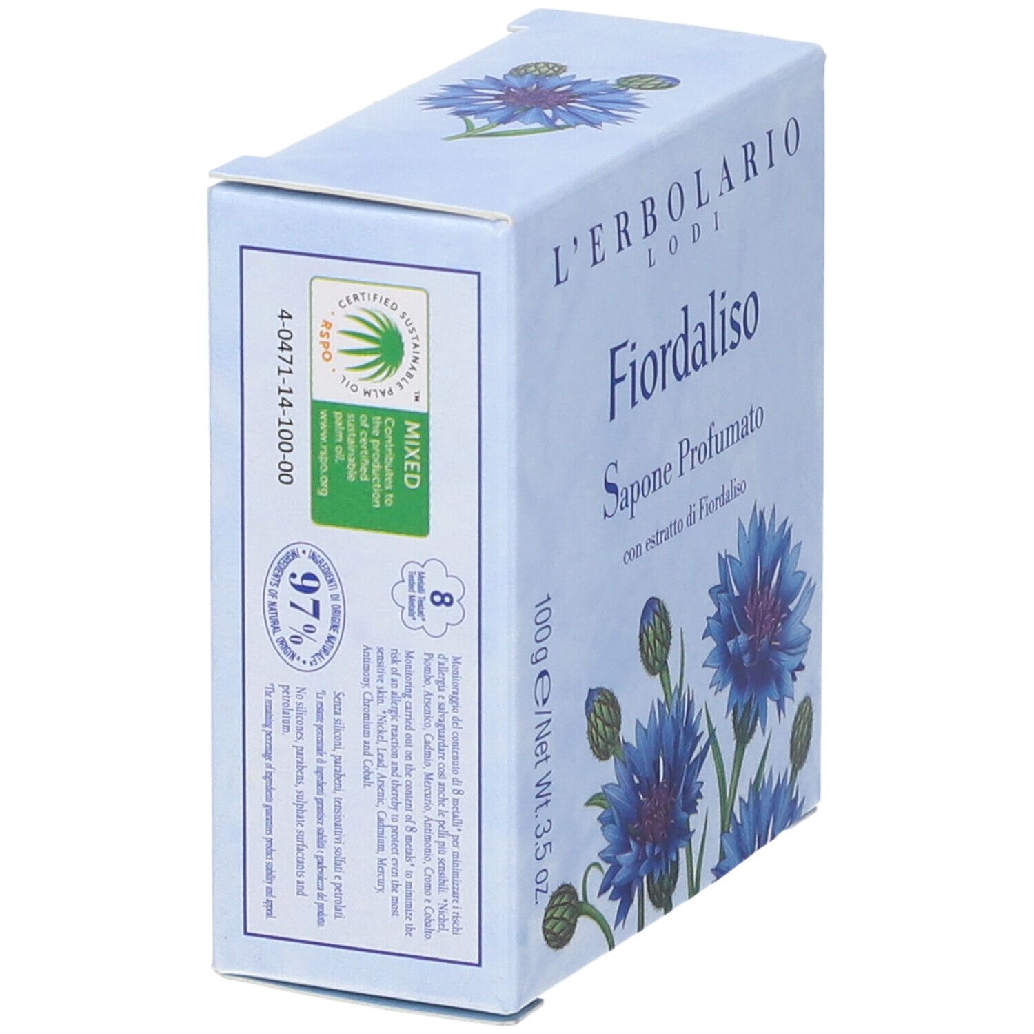 Scatola, vista laterale. Testo: L'Erbolario, Fiordaliso, Sapone Profumato, 100g. Certificazioni.