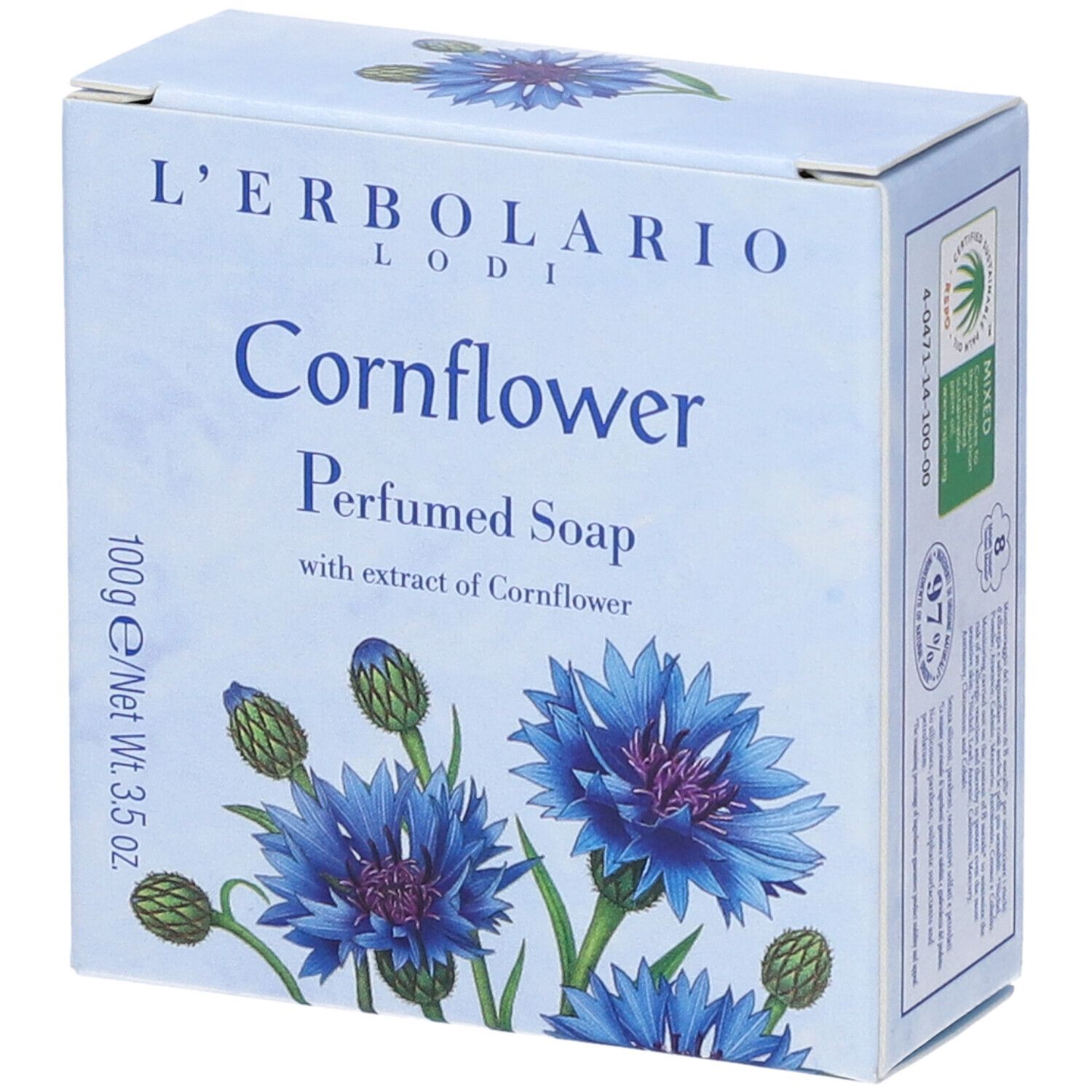 Scatola azzurra con illustrazioni di fiori di fiordaliso. Testo: L'Erbolario, Cornflower, Perfumed Soap, 100g.