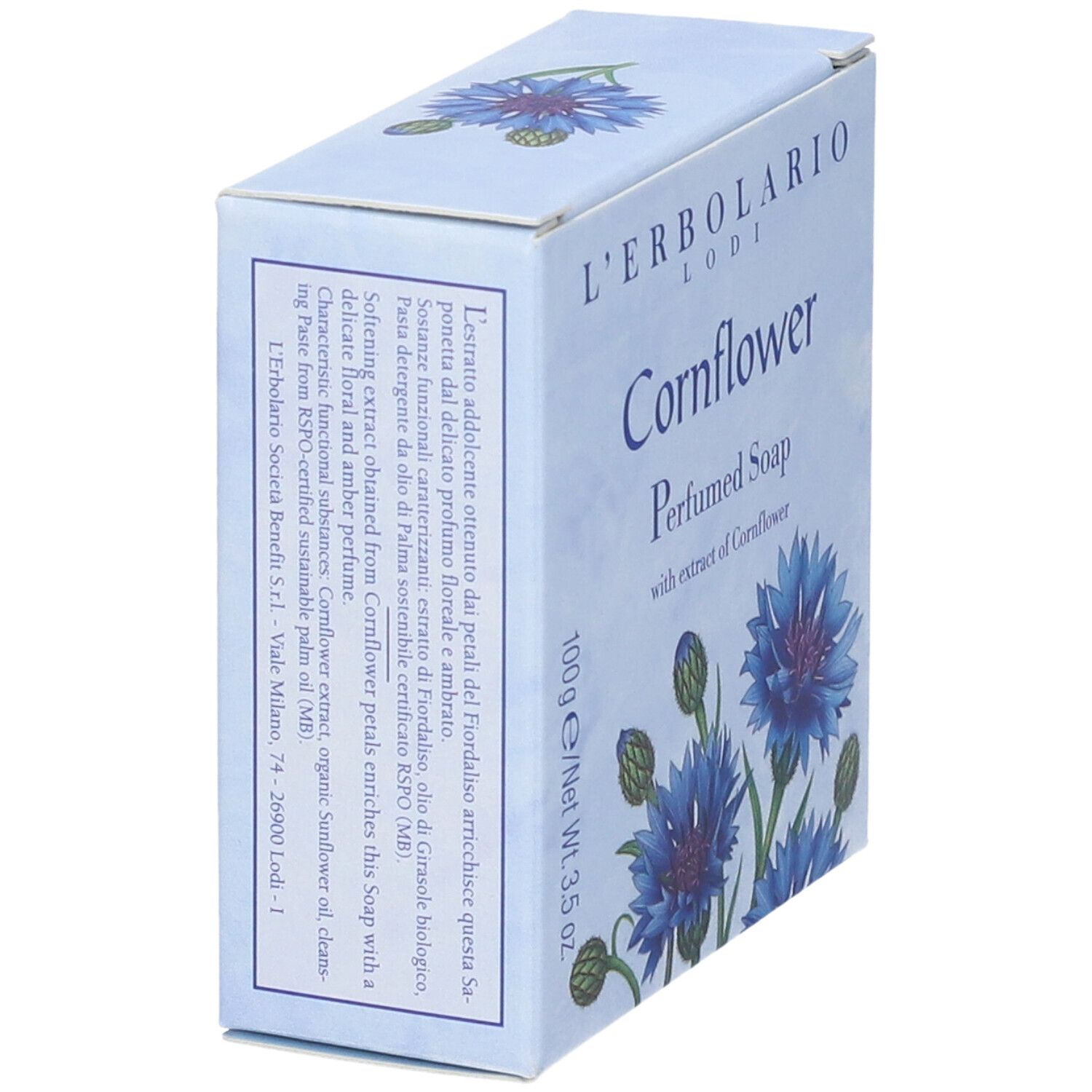 Scatola, vista laterale. Testo: L'Erbolario, Cornflower, Perfumed Soap, 100g. Testo descrittivo.