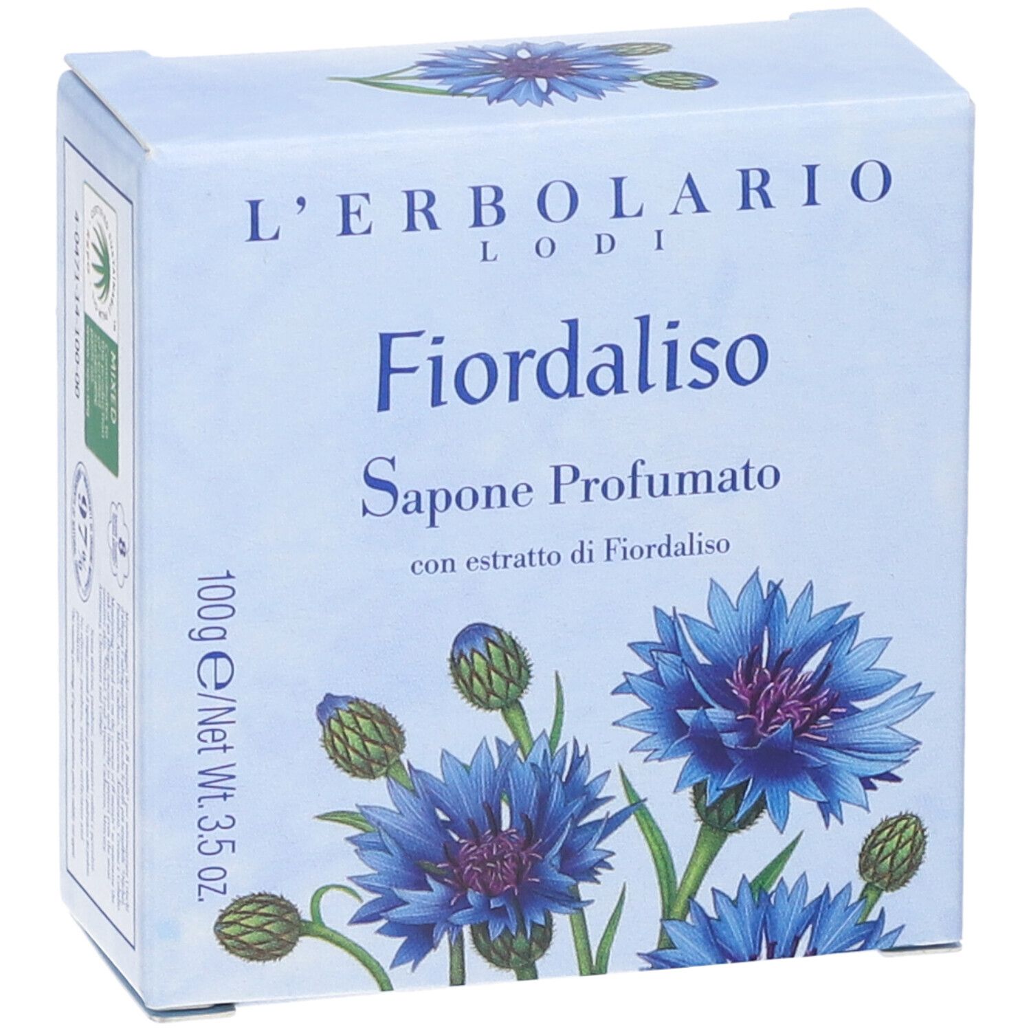 Scatola azzurra con illustrazioni di fiori di fiordaliso. Testo: L'Erbolario, Fiordaliso, Sapone Profumato, 100g.