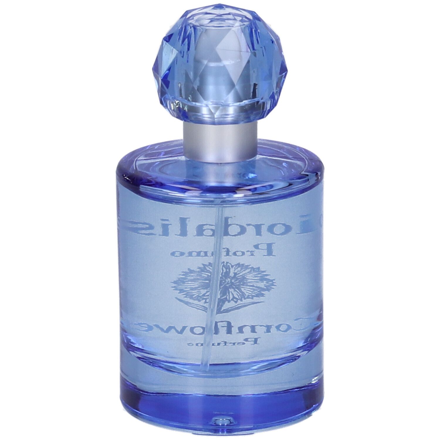 Flacone di profumo blu con tappo blu. Scritta: L'Erbolario, Fiordaliso, Profumo, Cornflower Perfume.