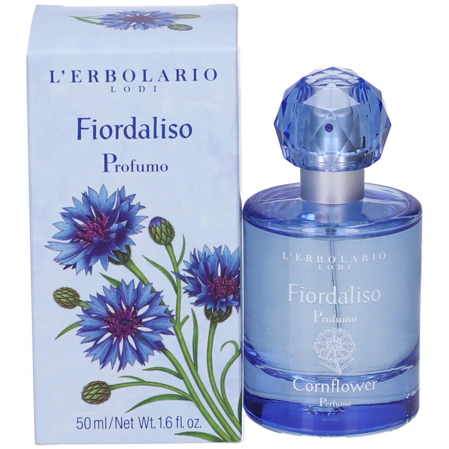 Flacone di profumo e scatola. Scritta: L'Erbolario, Fiordaliso, Profumo. Scatola con illustrazione di fiordaliso.