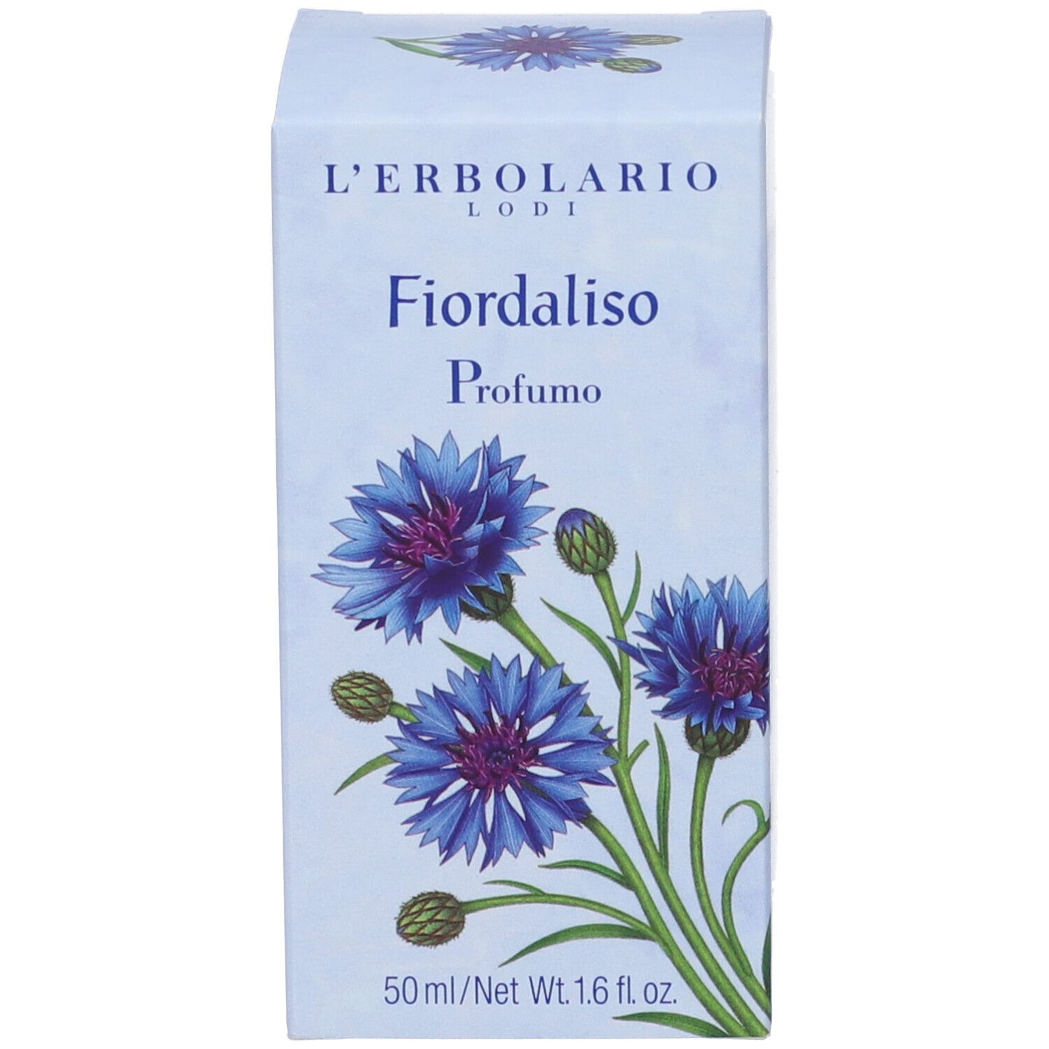 Scatola con illustrazione di fiordaliso. Scritta: L'Erbolario, Fiordaliso, Profumo. 50 ml/Net Wt. 1.6 fl. oz.