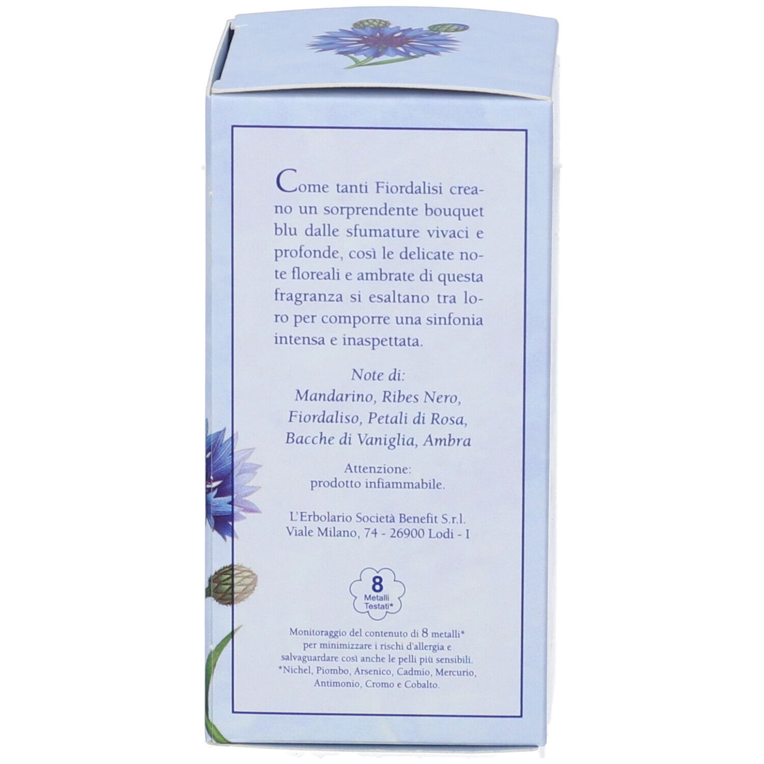 Retro della scatola. Testo in italiano. Illustrazione di fiordaliso. Simbolo 8 metalli.