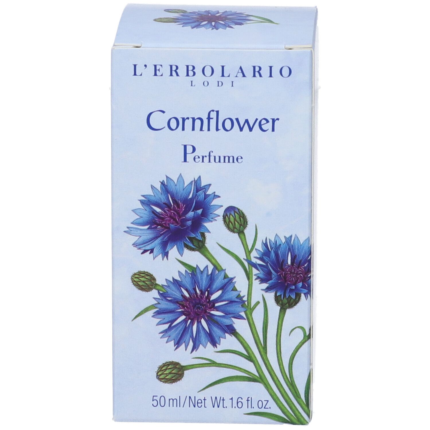 Scatola con illustrazione di fiordaliso. Scritta: L'Erbolario, Cornflower Perfume. 50 ml/Net Wt. 1.6 fl. oz.
