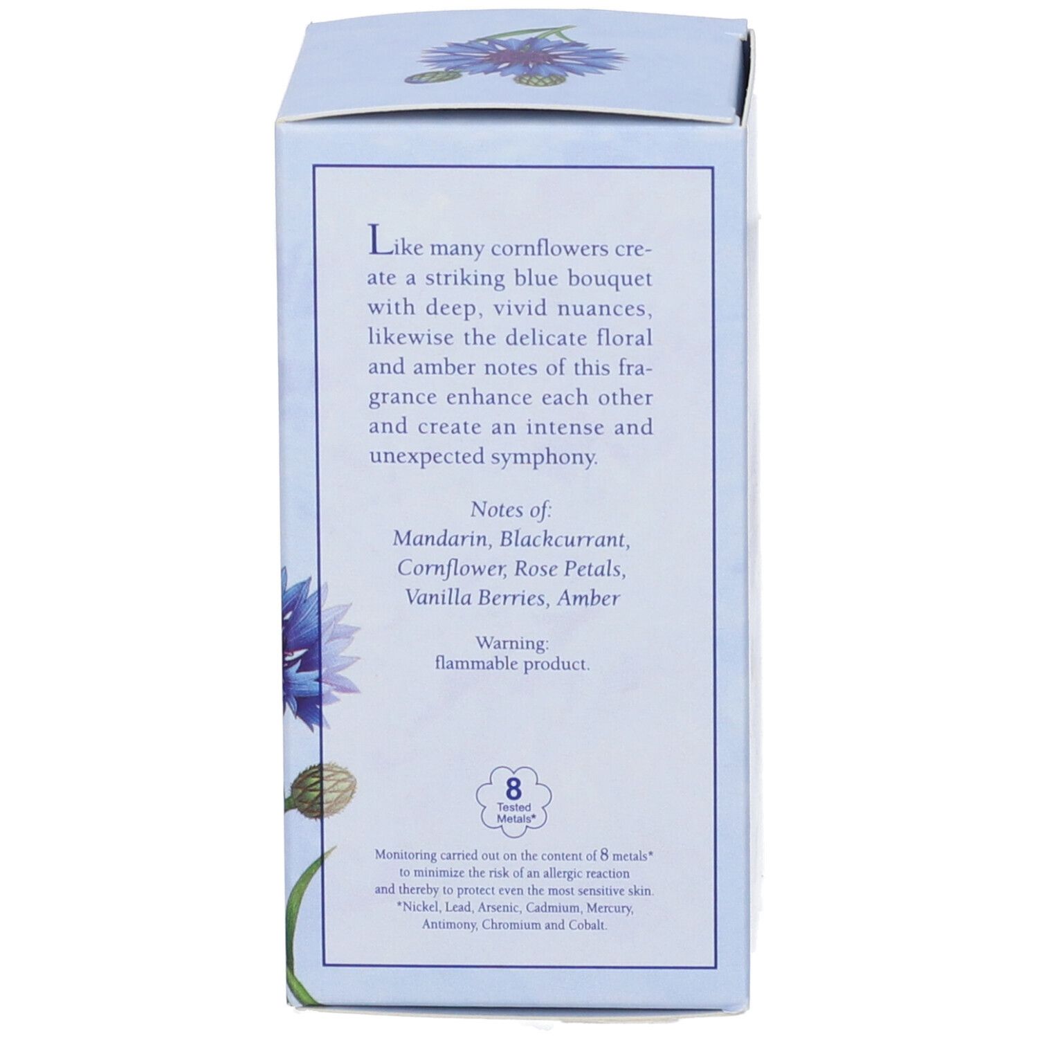 Retro della scatola. Testo in inglese. Illustrazione di fiordaliso. Simbolo 8 metalli.