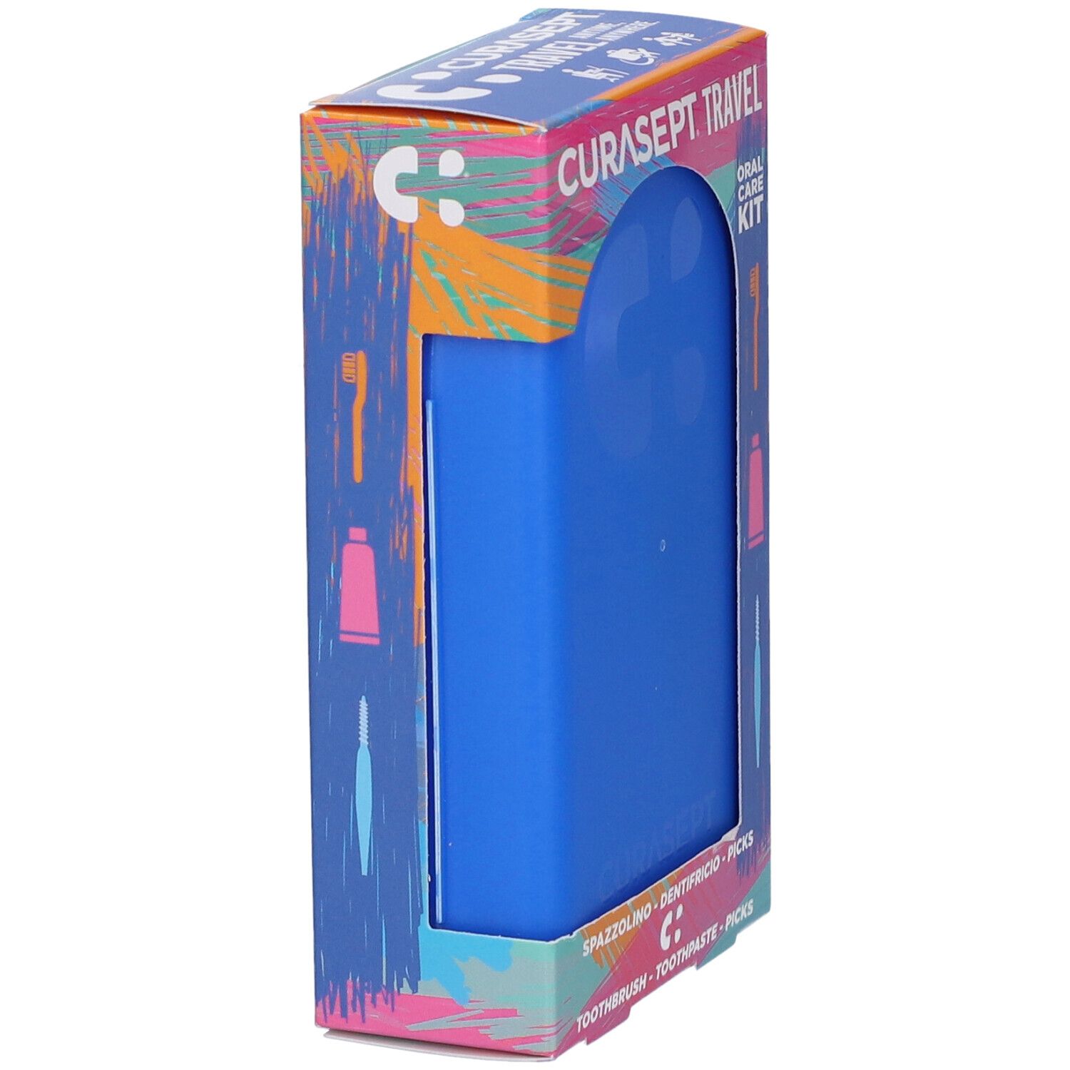 Kit viaggio blu Curasept in confezione. Include spazzolino, dentifricio, picks.