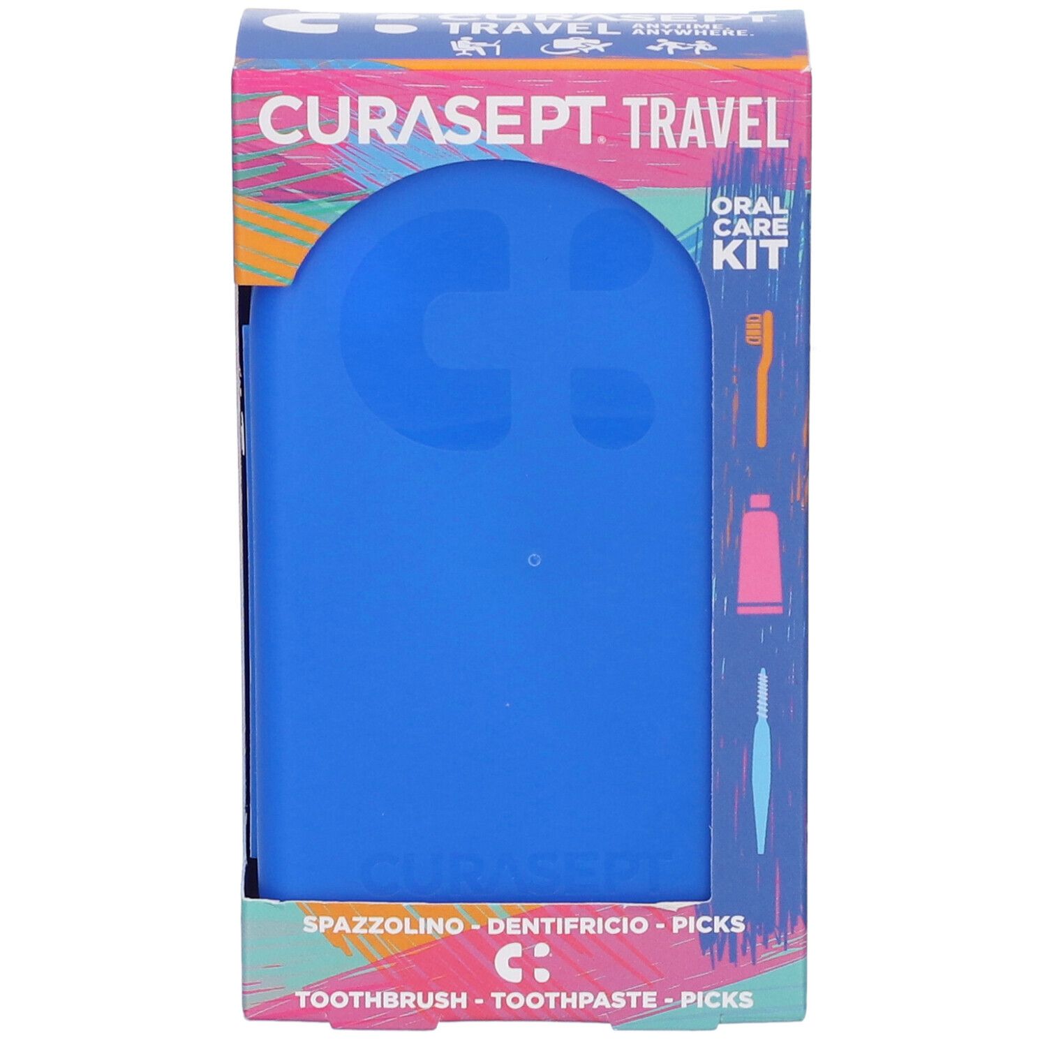 Kit viaggio blu Curasept in confezione. Include spazzolino, dentifricio, picks.