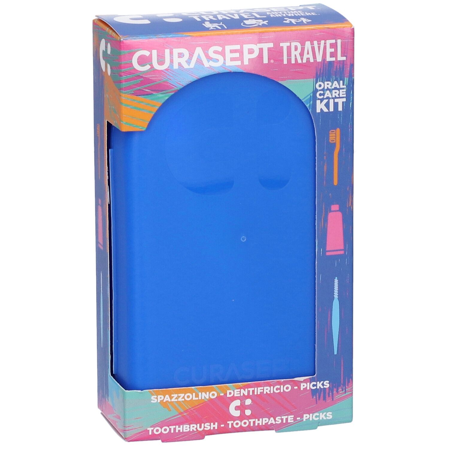 Kit viaggio blu Curasept in confezione. Include spazzolino, dentifricio, picks.