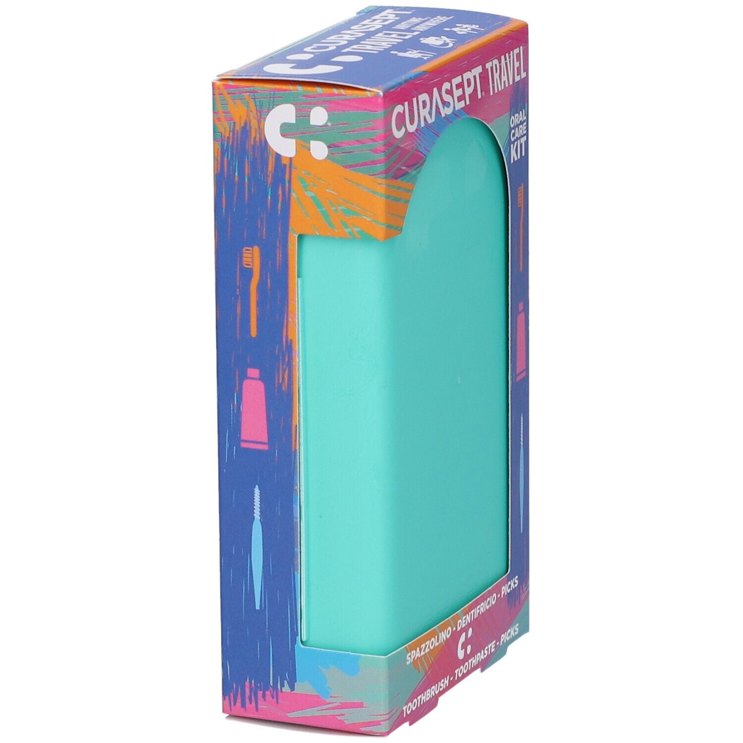 Scatola con custodia turchese. Scritta CURASEPT. TRAVEL. ORAL CARE KIT. Contiene spazzolino, dentifricio e stuzzicadenti.