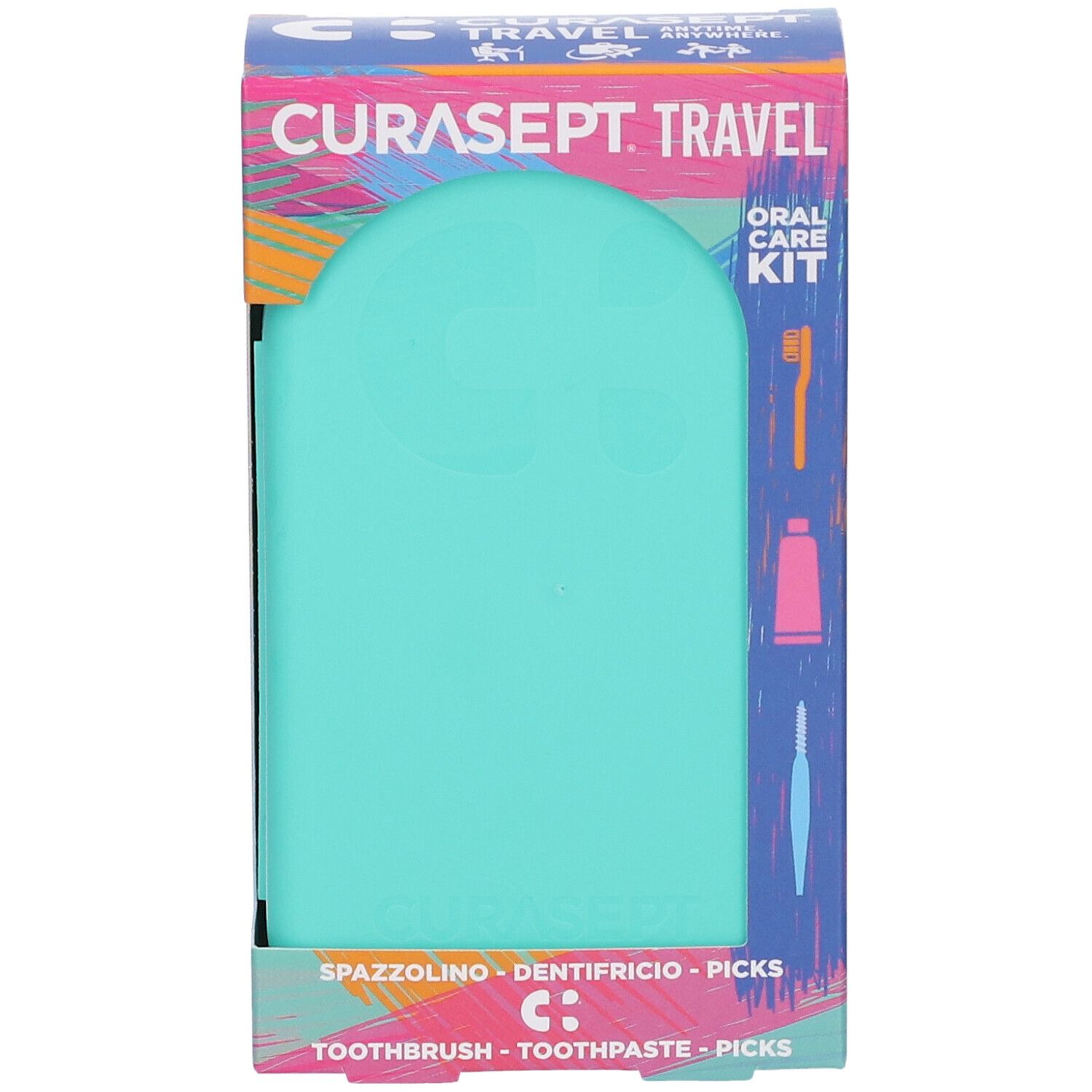 Custodia turchese in scatola. Scritta CURASEPT. TRAVEL. ORAL CARE KIT. Contiene spazzolino, dentifricio e stuzzicadenti.