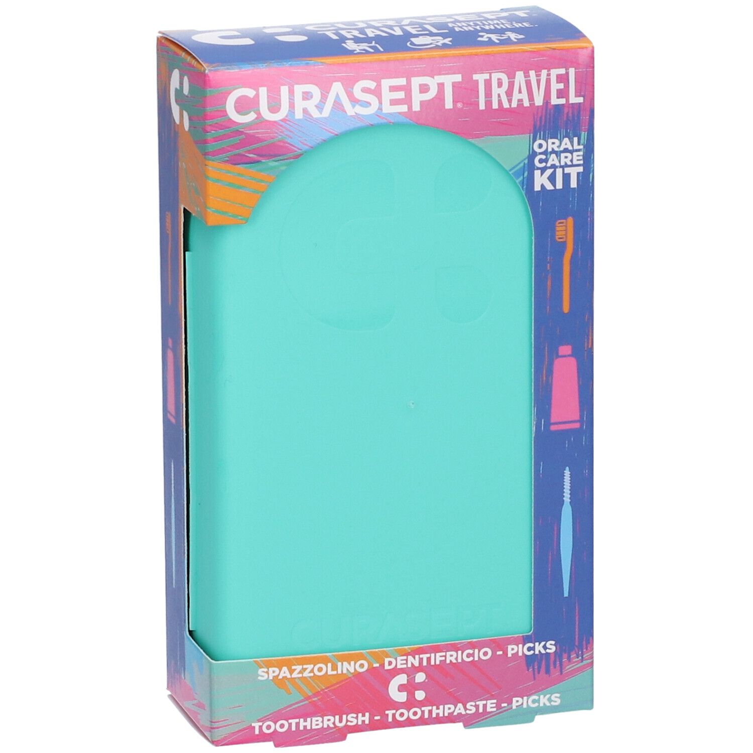 Scatola con custodia turchese. Scritta CURASEPT. TRAVEL. ORAL CARE KIT. Contiene spazzolino, dentifricio e stuzzicadenti.