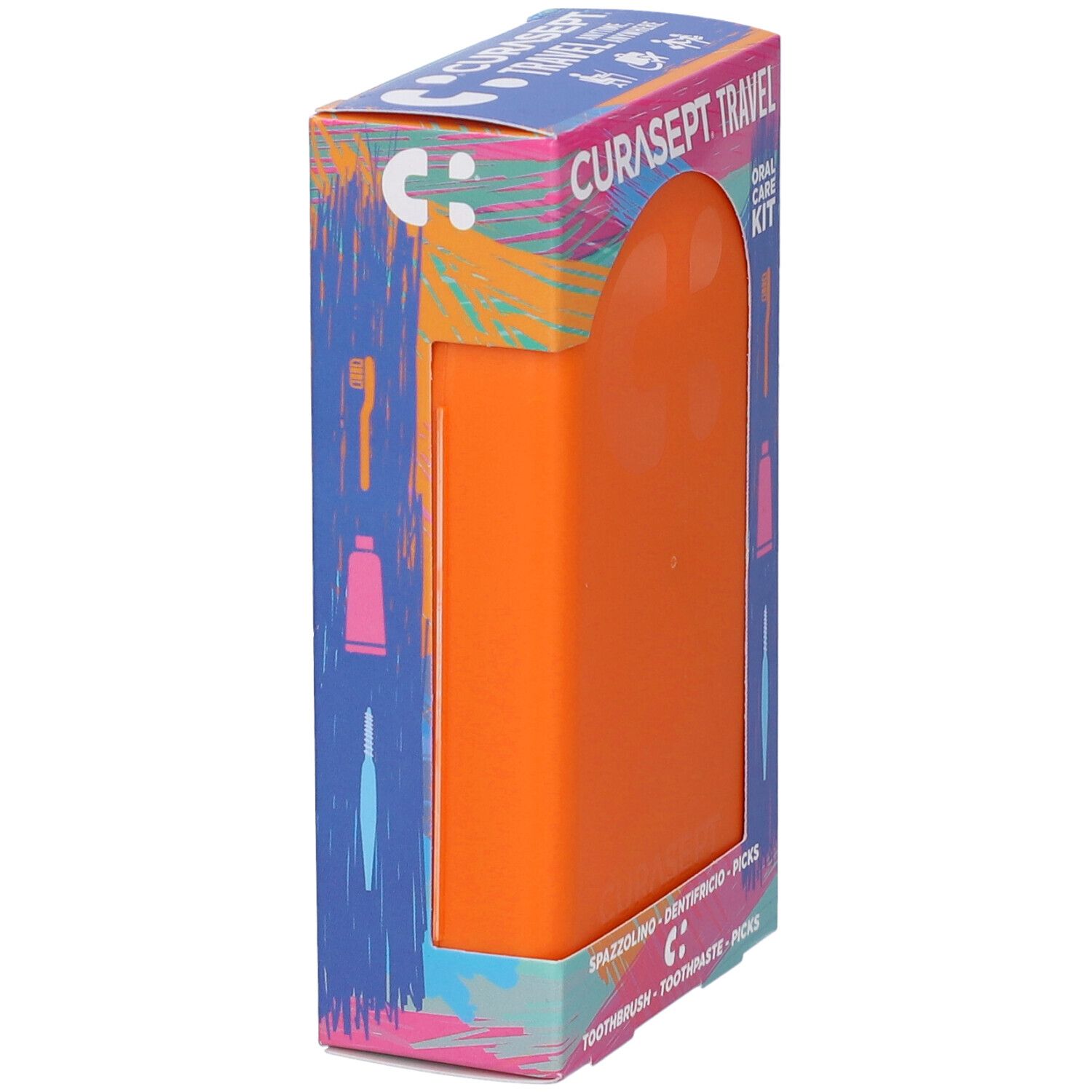 Confezione inclinata per un kit di igiene orale da viaggio. Contenitore arancione visibile. Testo: CURASEPT TRAVEL, ORAL CARE KIT.