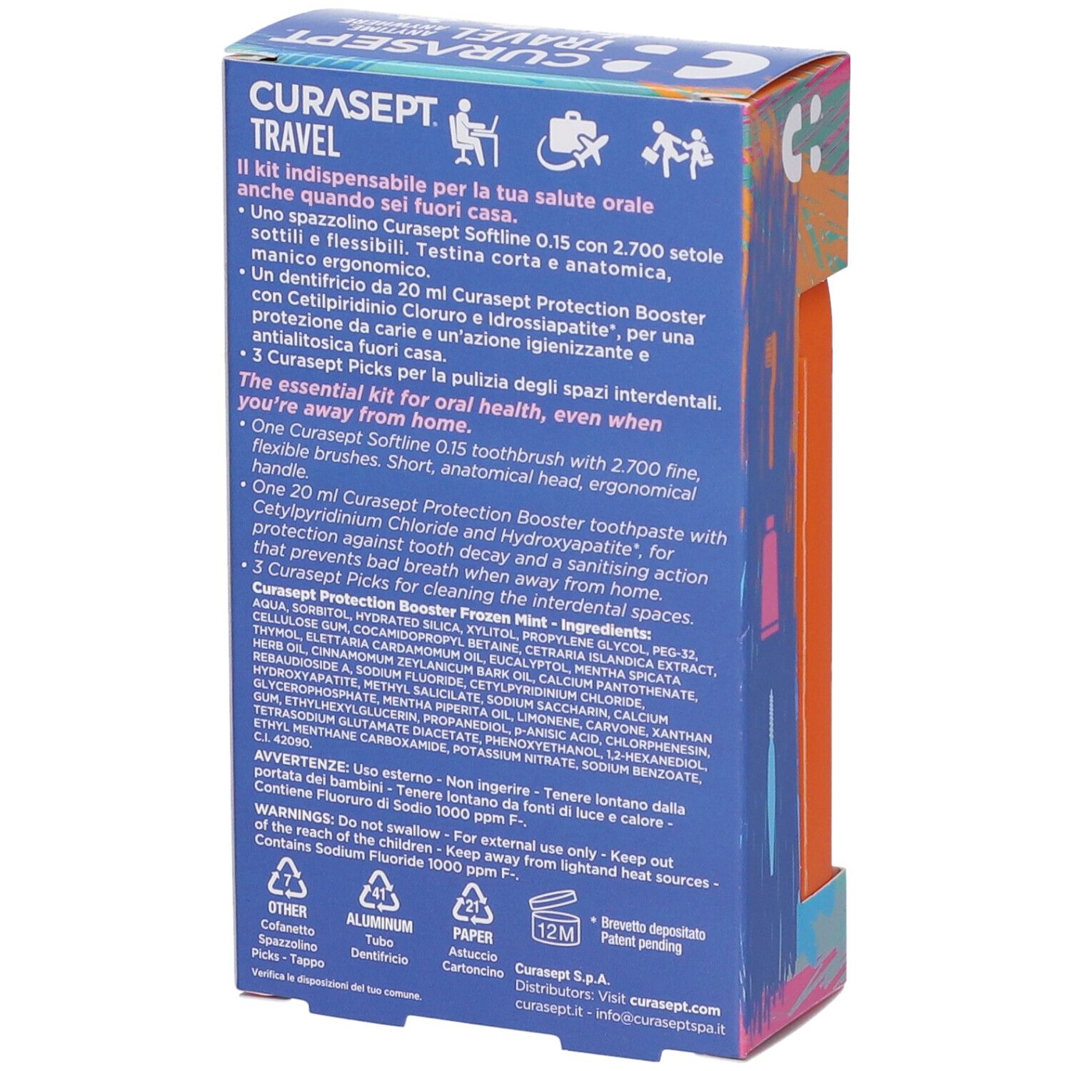 Retro della confezione di un kit di igiene orale da viaggio. Testo multilingue. Contiene informazioni sul prodotto e ingredienti.