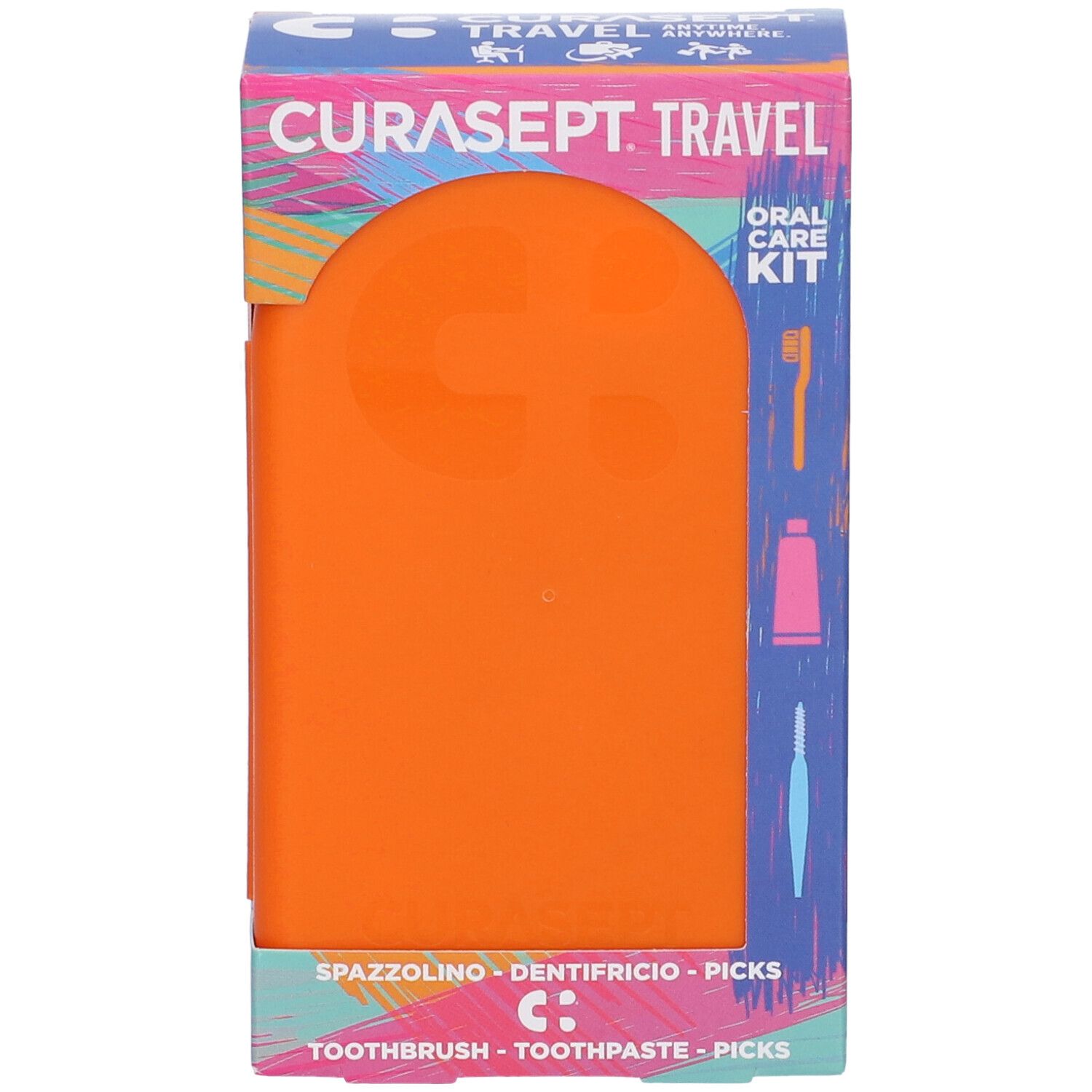 Confezione per kit di igiene orale da viaggio. Contenitore arancione con simboli di spazzolino, dentifricio e stuzzicadenti. Testo: CURASEPT TRAVEL.
