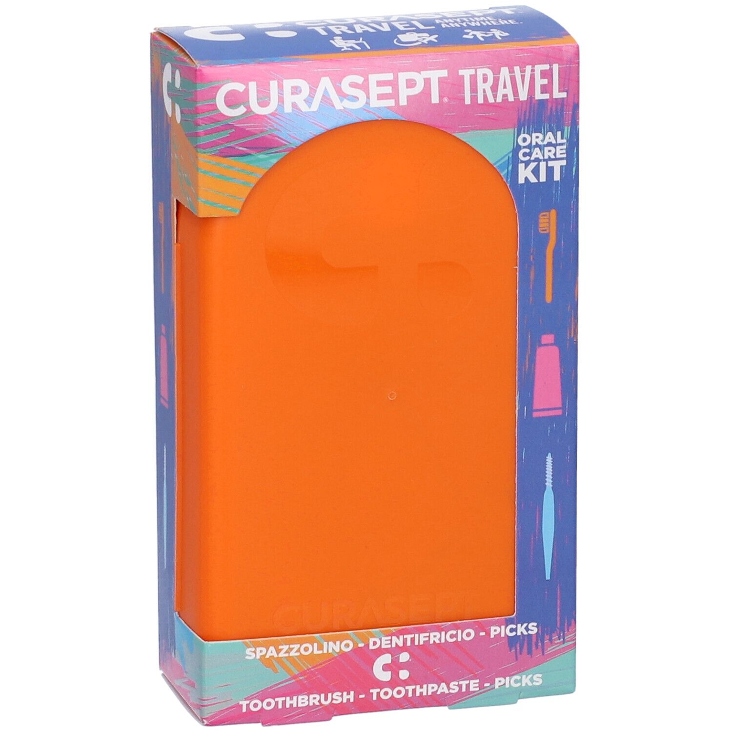 Confezione per kit di igiene orale da viaggio. Contenitore arancione con simboli di spazzolino, dentifricio e stuzzicadenti. Testo: CURASEPT TRAVEL.