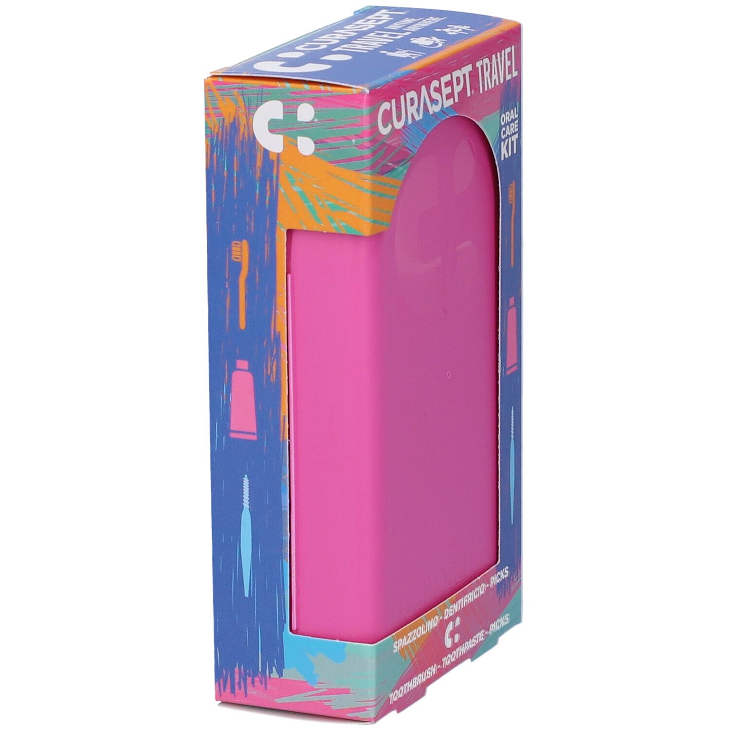 Scatola rosa per kit da viaggio. CURASEPT. TRAVEL. Oral Care Kit. Lato. Spazzolino, dentifricio, picks.