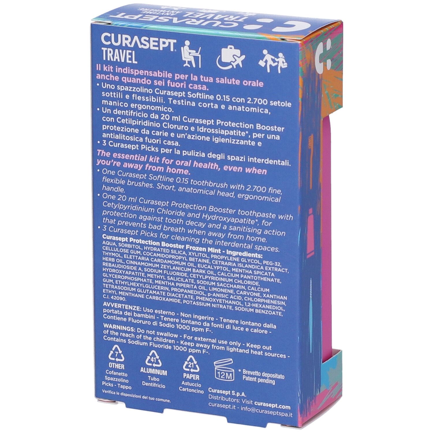 Retro della scatola. CURASEPT. TRAVEL. Oral Care Kit. Contiene informazioni sugli ingredienti e il contenuto.