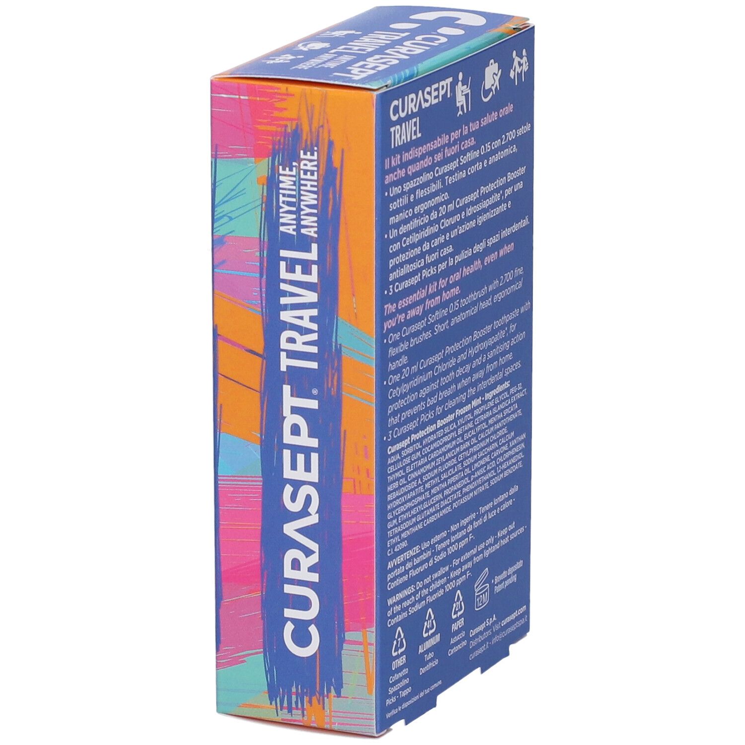 Lato della scatola. CURASEPT. TRAVEL. Oral Care Kit. Contiene informazioni sul contenuto e l'uso.