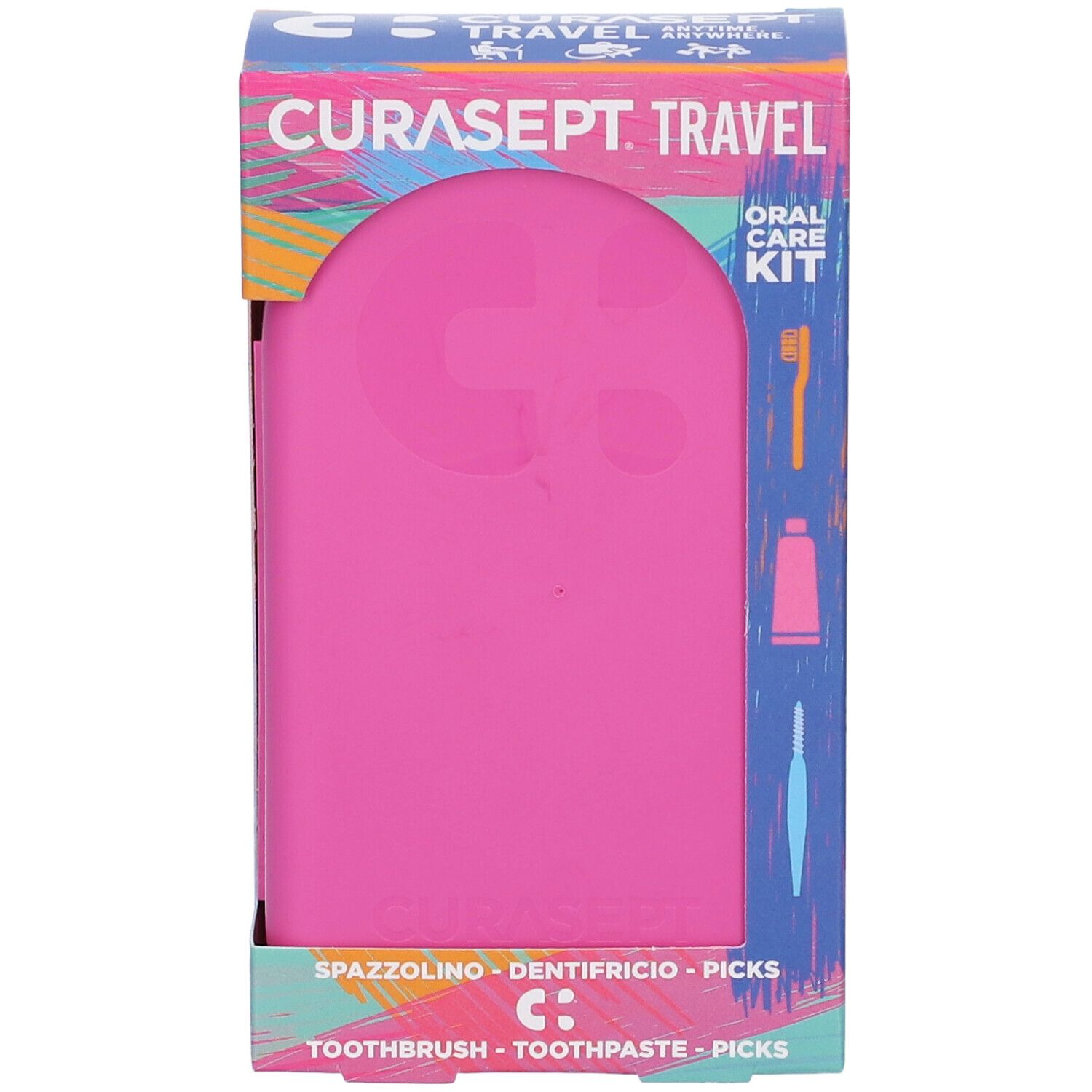 Scatola rosa per kit da viaggio. CURASEPT. TRAVEL. Oral Care Kit. Contiene spazzolino, dentifricio e picks.